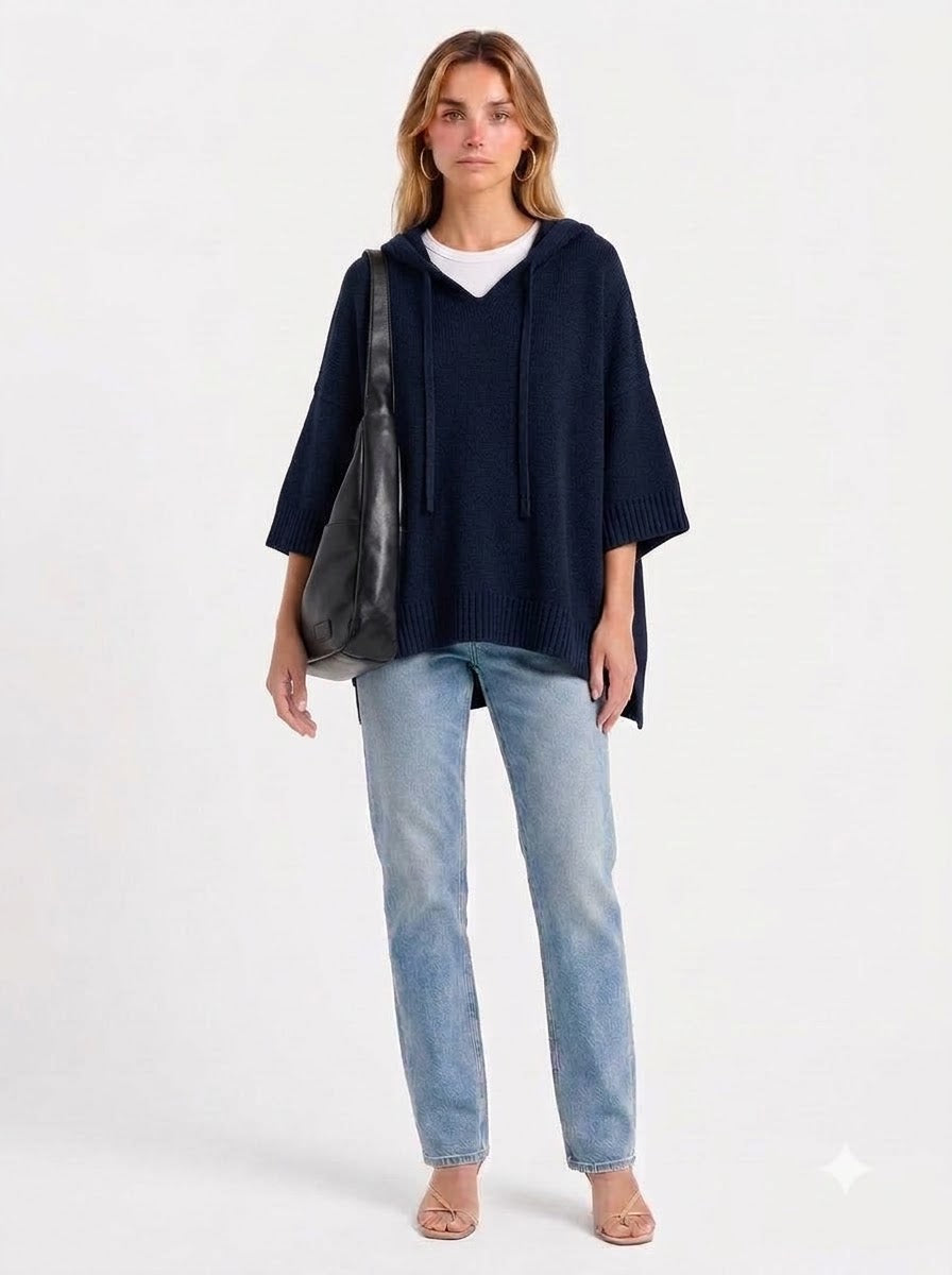 Mirella poncho Navy Blue - complete look with hobo bag and gold hoop earrings - full look