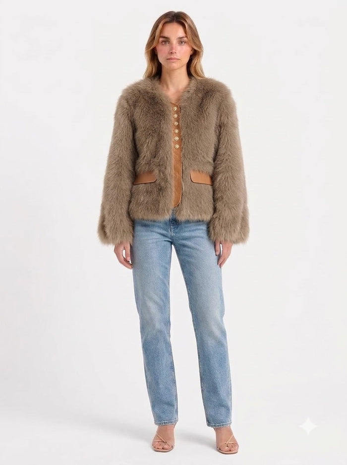 The-Elica Solène Short Elegant Jacket - Taupe - front view