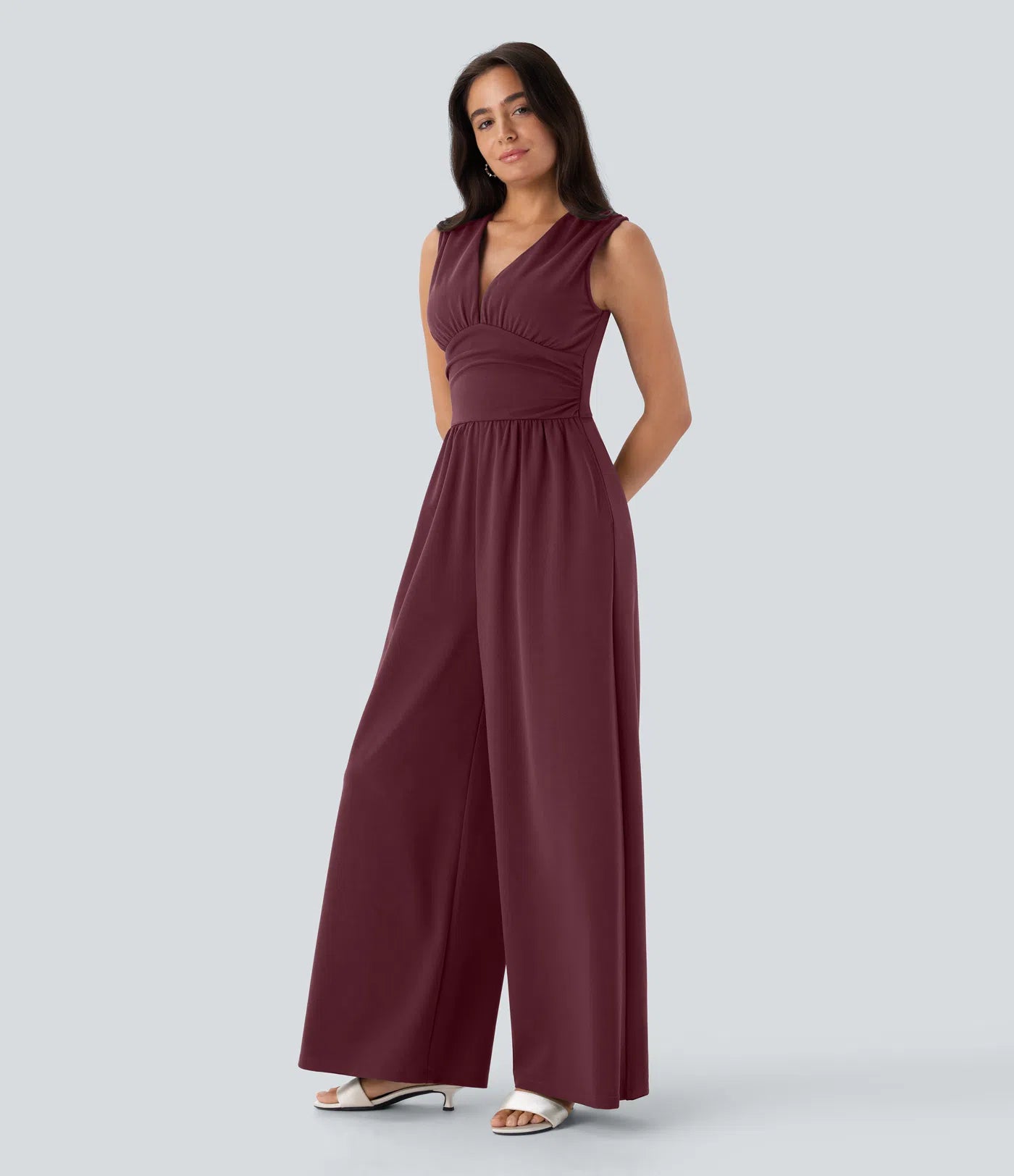 Sleeveless Ruched V-Neck Wide-Leg Jumpsuit
