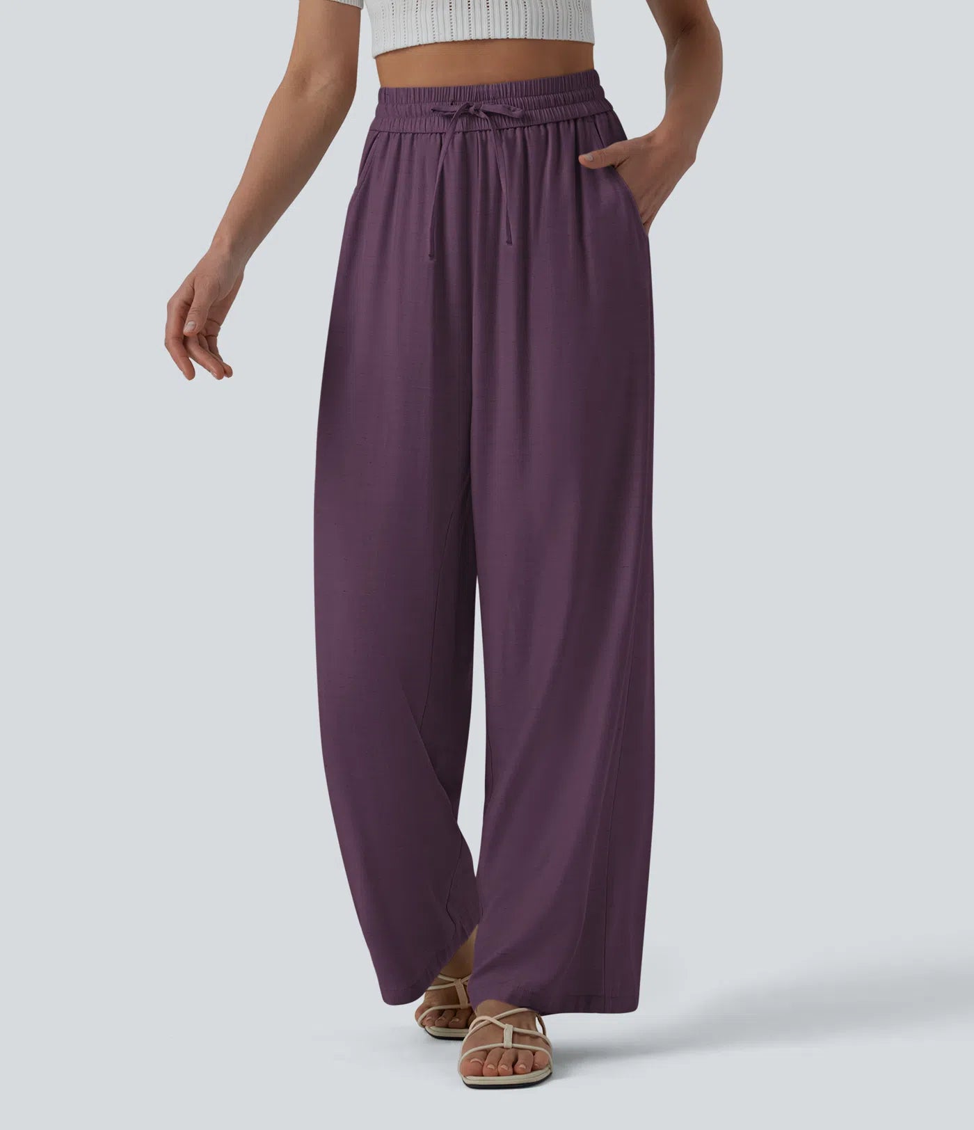 High-Waisted Linen Blend Wide-Leg Pants with Drawstring & Pockets