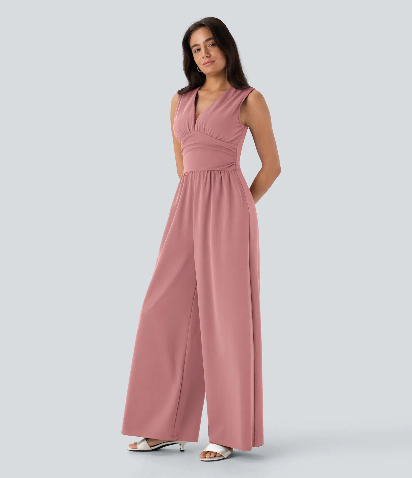 Sleeveless Ruched V-Neck Wide-Leg Jumpsuit