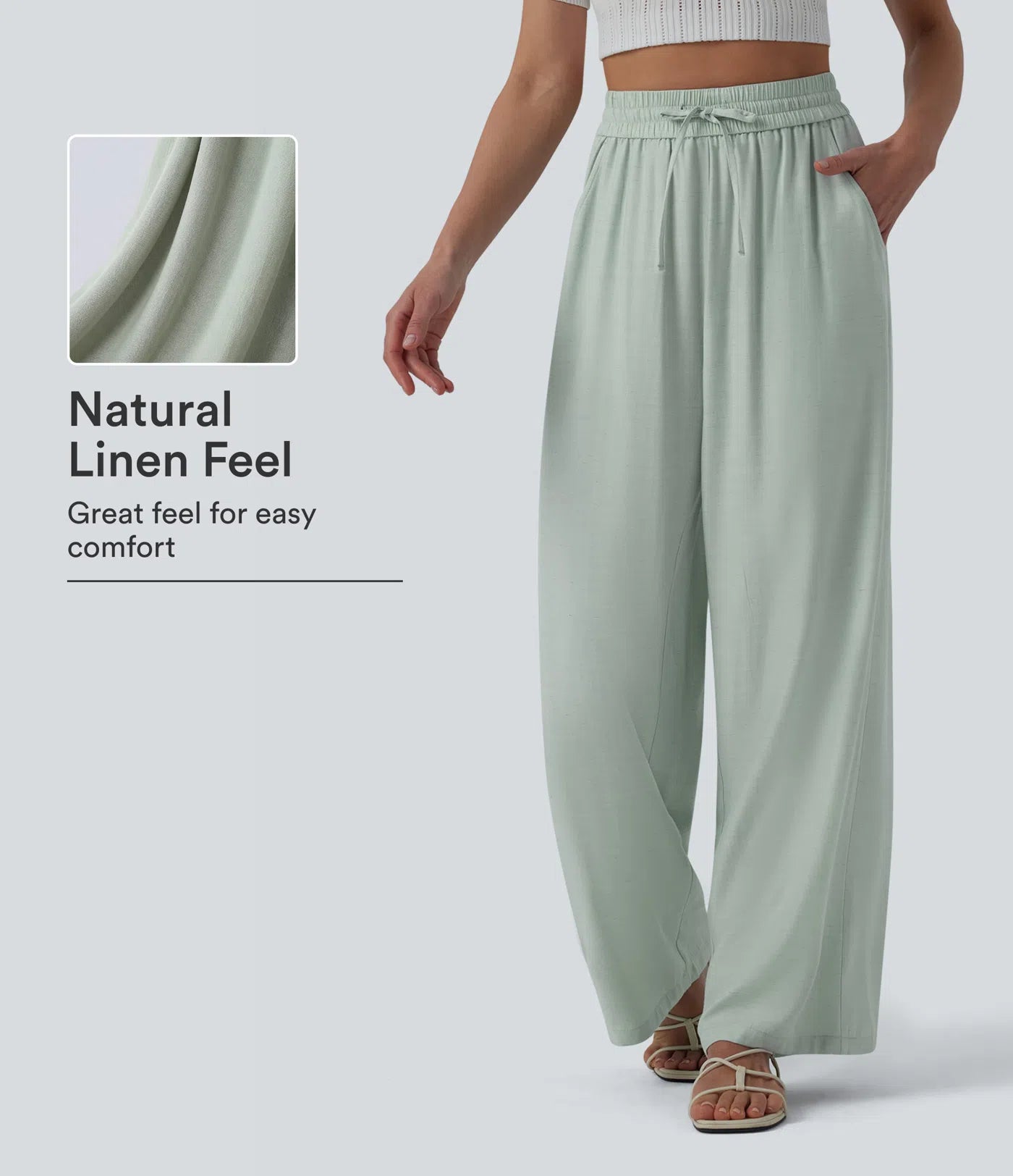 High-Waisted Linen Blend Wide-Leg Pants with Drawstring & Pockets
