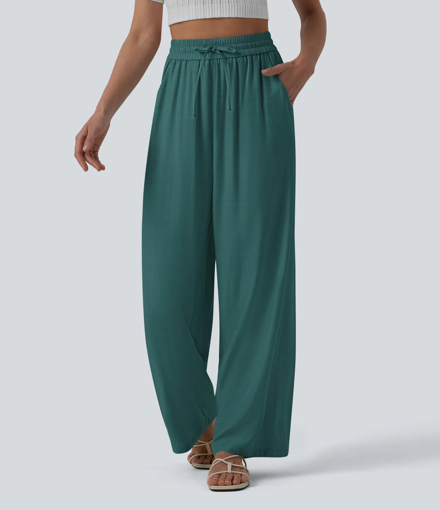High-Waisted Linen Blend Wide-Leg Pants with Drawstring & Pockets