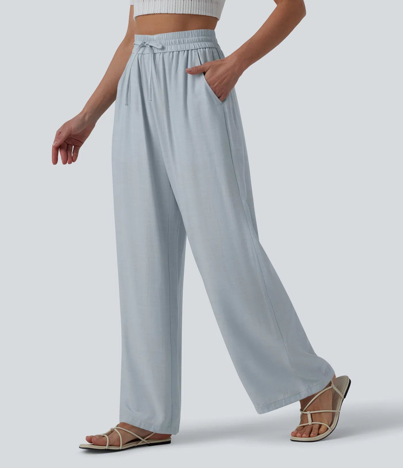 High-Waisted Linen Blend Wide-Leg Pants with Drawstring & Pockets