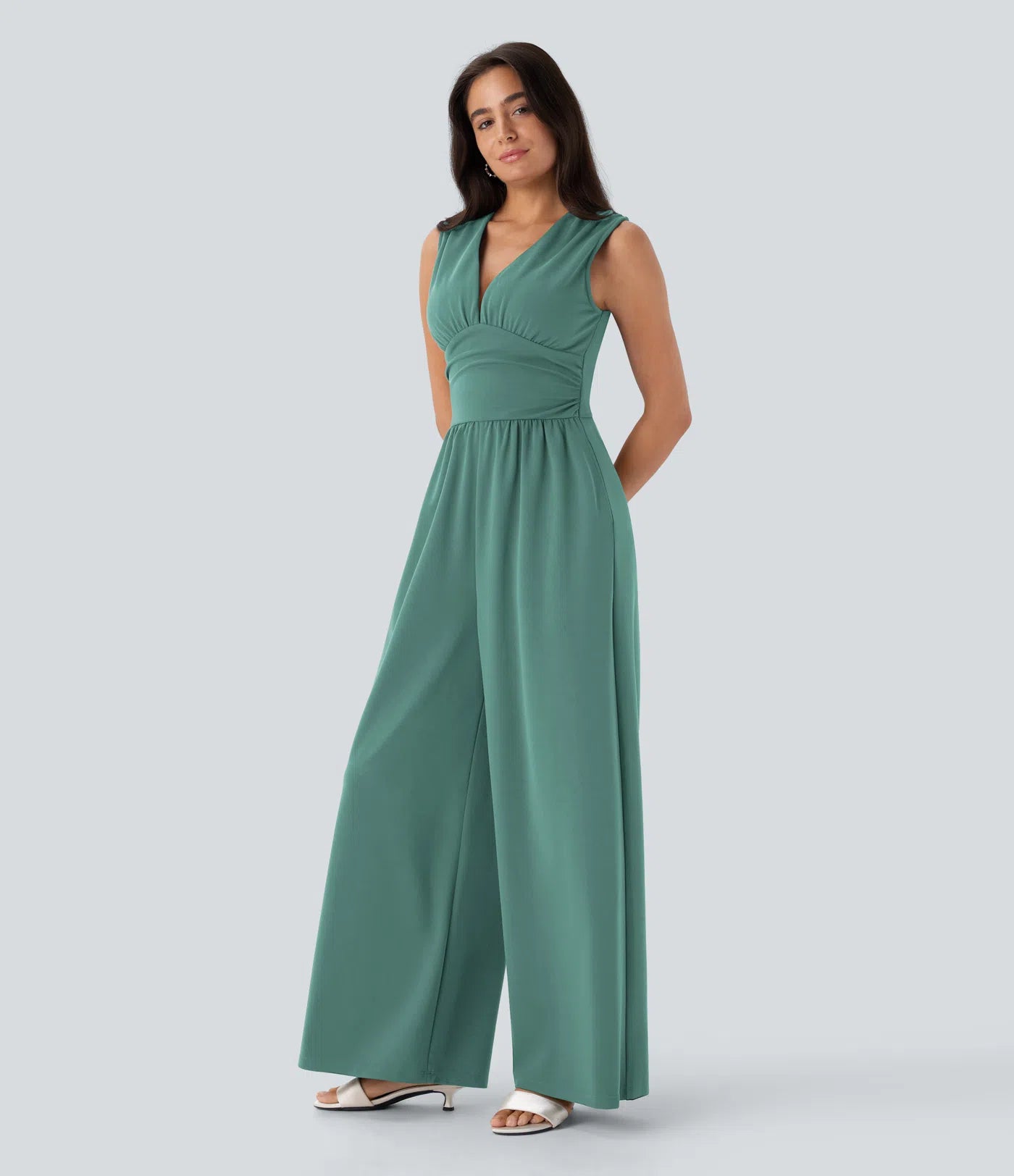 Sleeveless Ruched V-Neck Wide-Leg Jumpsuit