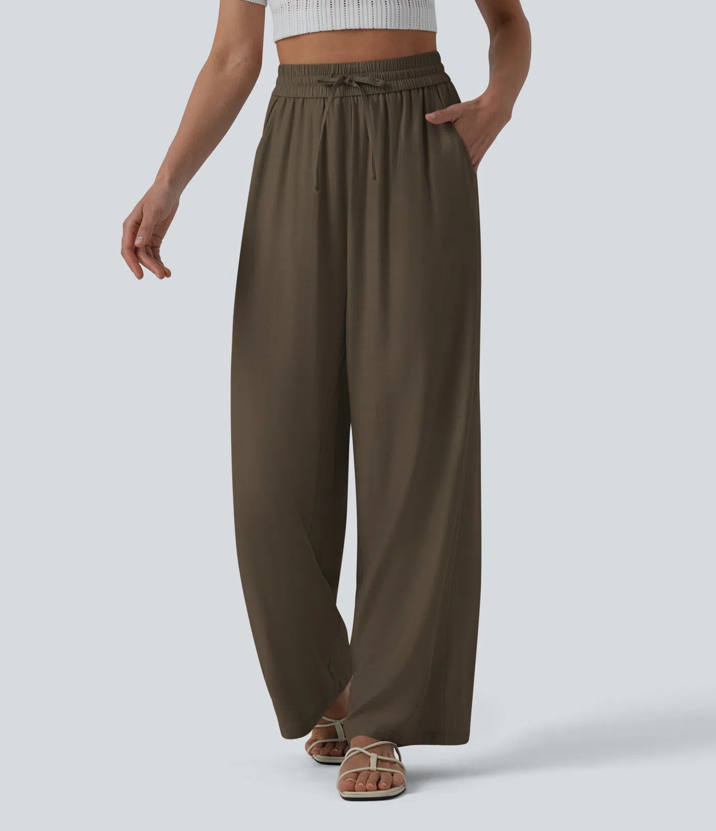 High-Waisted Linen Blend Wide-Leg Pants with Drawstring & Pockets