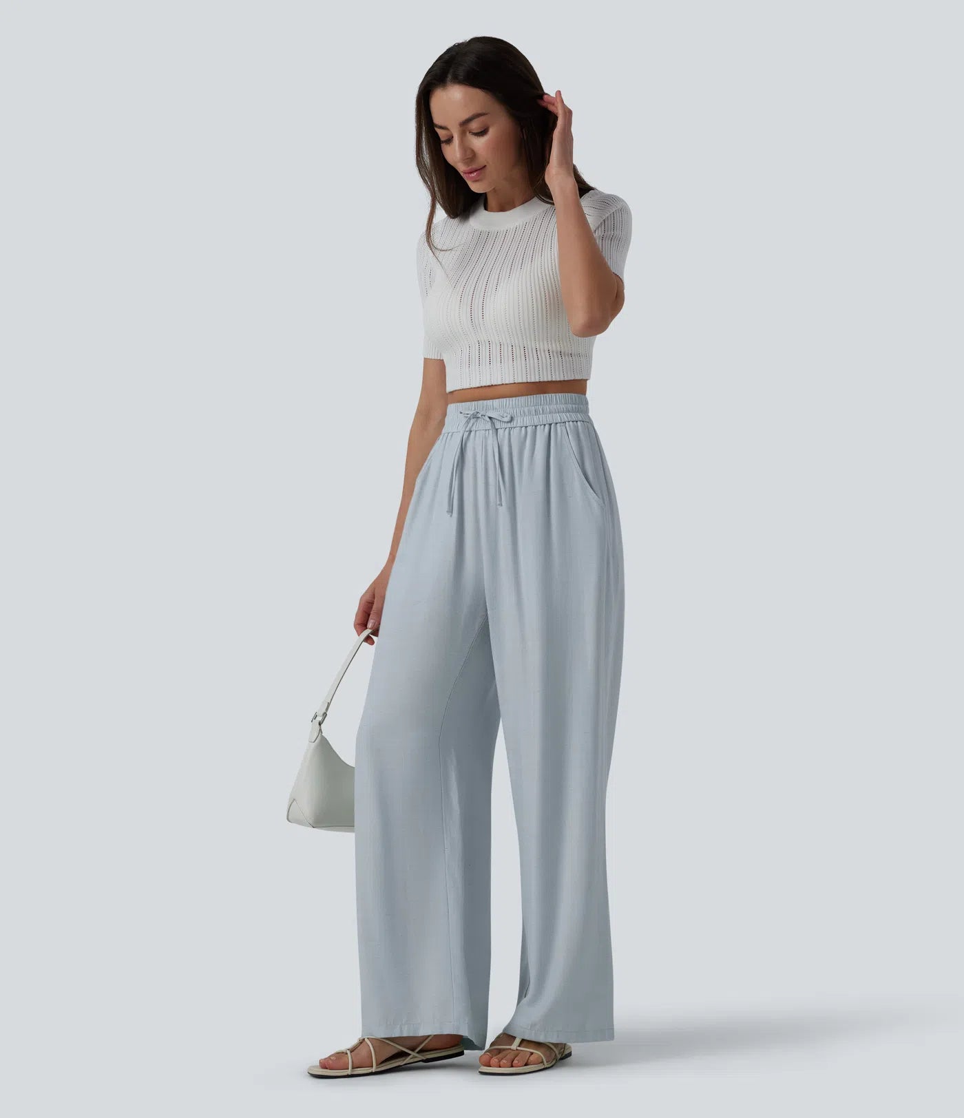 High-Waisted Linen Blend Wide-Leg Pants with Drawstring & Pockets
