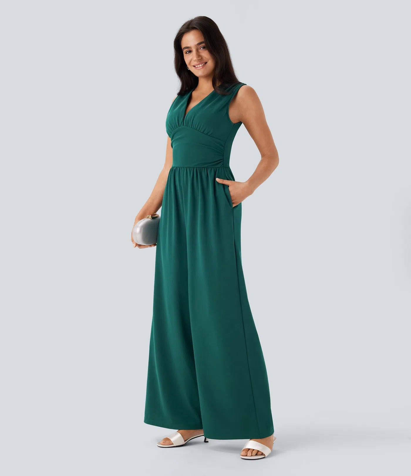 Sleeveless Ruched V-Neck Wide-Leg Jumpsuit