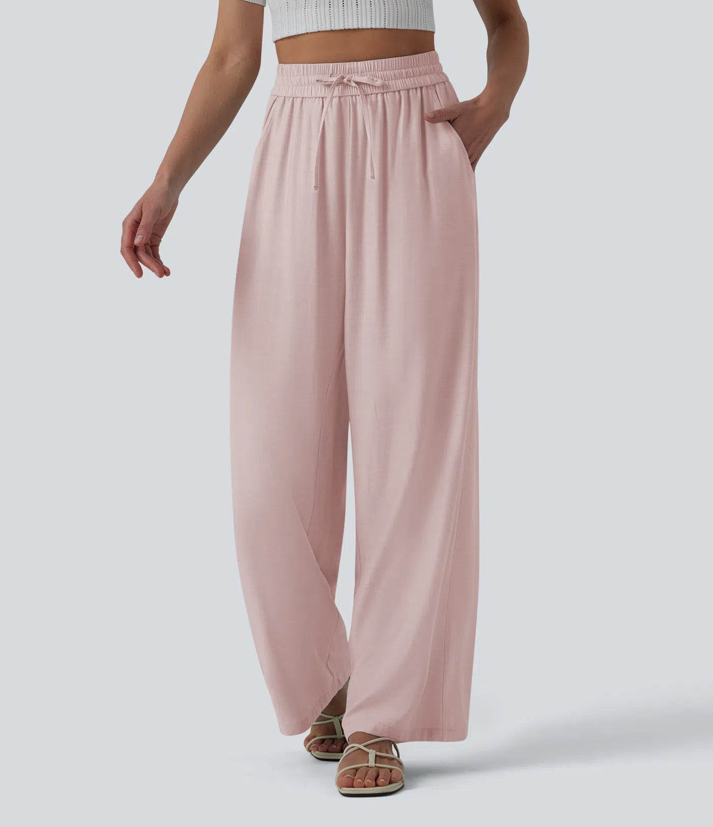 High-Waisted Linen Blend Wide-Leg Pants with Drawstring & Pockets
