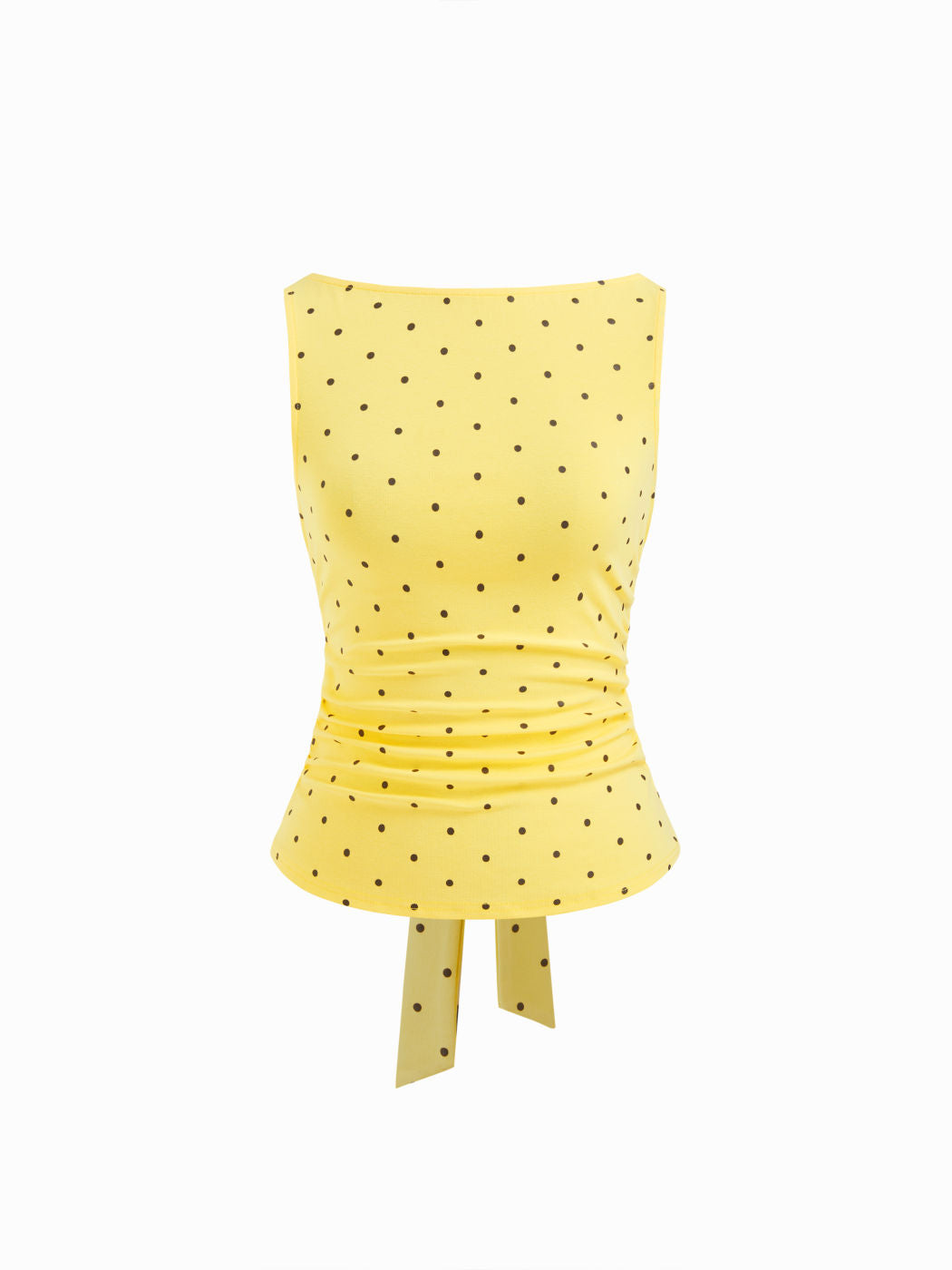 Cotton-blend Boat Neck Knotted Polka Dot Ruched Tank Top