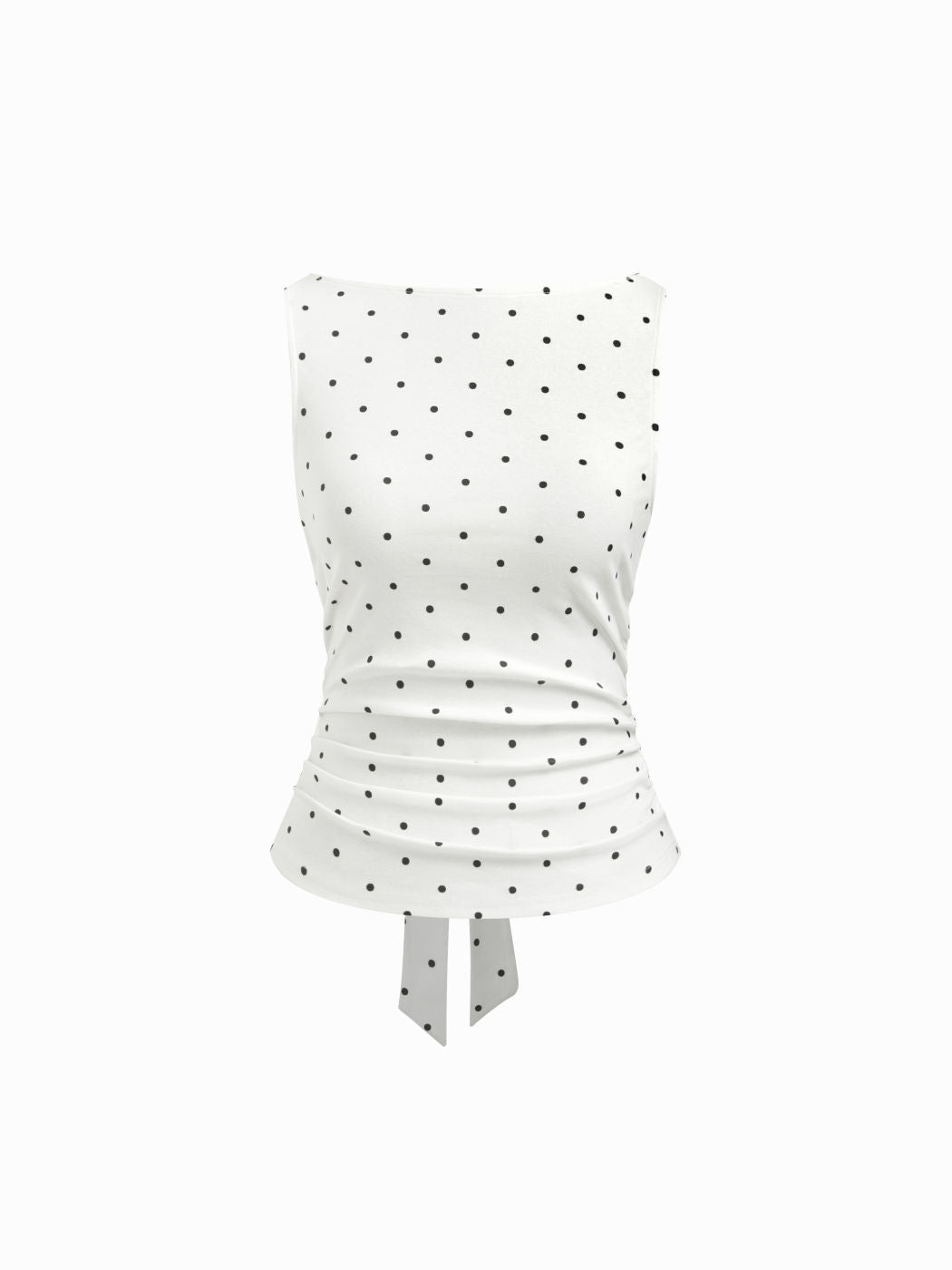Cotton-blend Boat Neck Knotted Polka Dot Ruched Tank Top