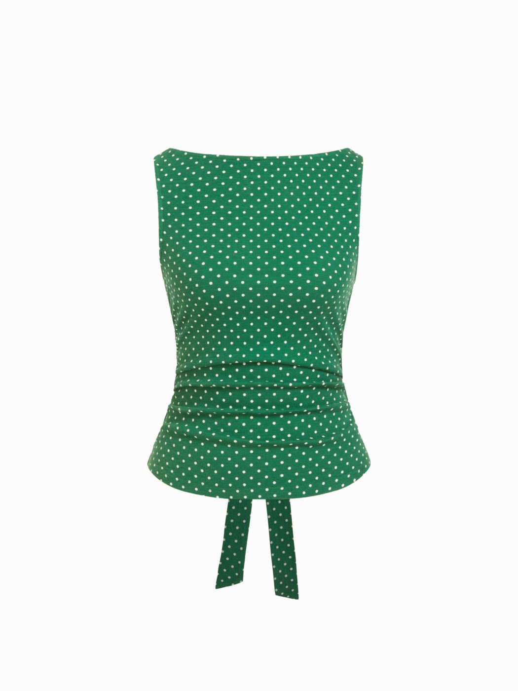 Cotton-blend Boat Neck Knotted Polka Dot Ruched Tank Top