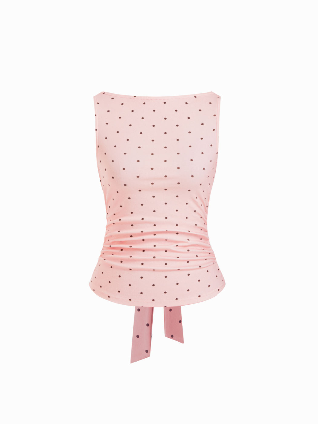 Cotton-blend Boat Neck Knotted Polka Dot Ruched Tank Top