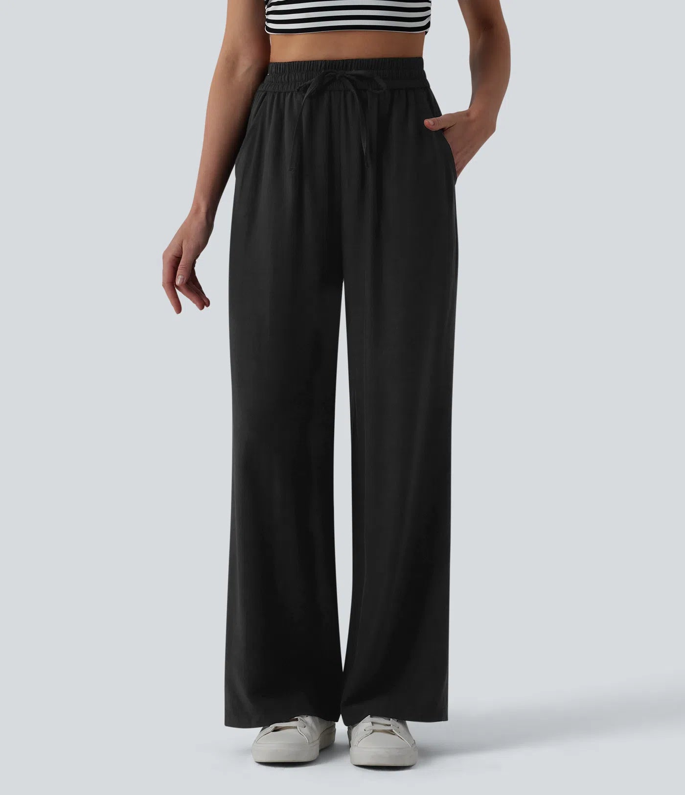 High-Waisted Linen Blend Wide-Leg Pants with Drawstring & Pockets