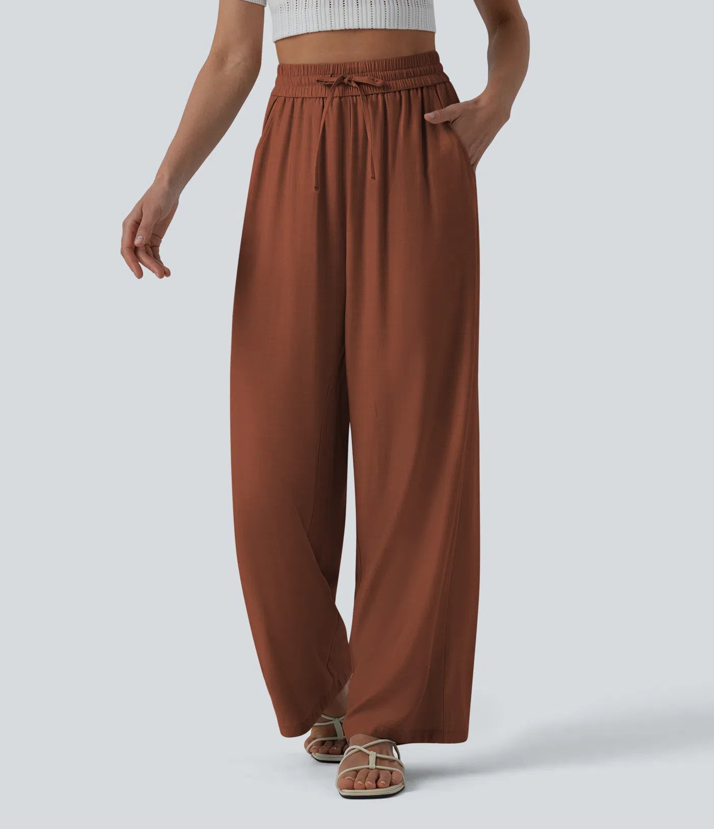 High-Waisted Linen Blend Wide-Leg Pants with Drawstring & Pockets