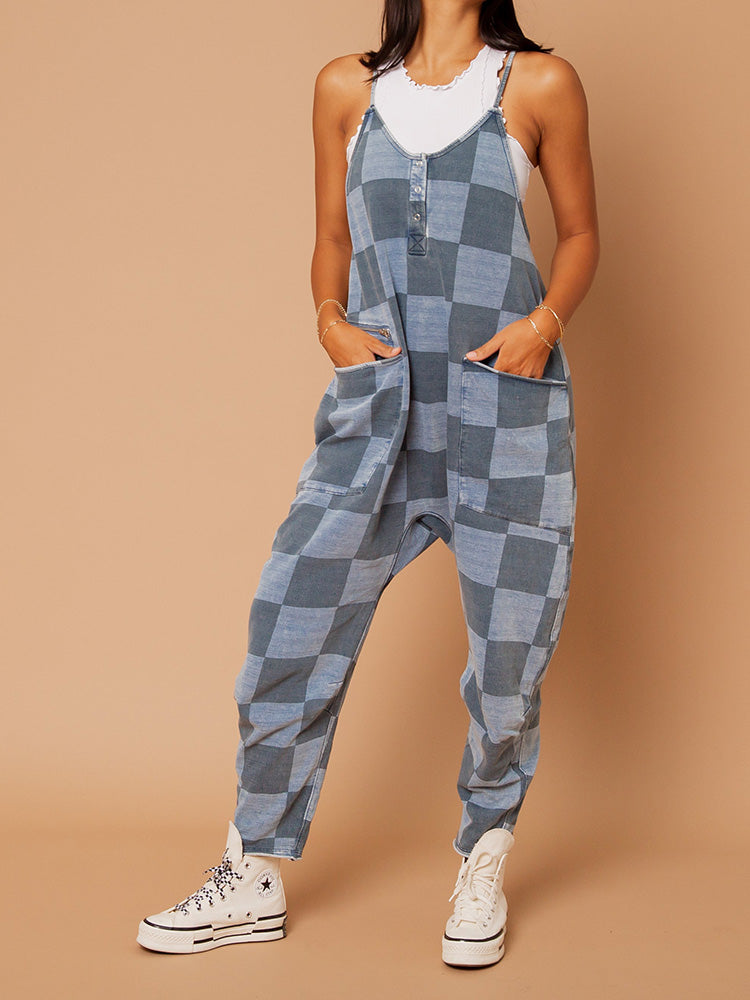 Women's Oversized Plaid Jumpsuit – Casual Relaxed Fit with Adjustable Straps