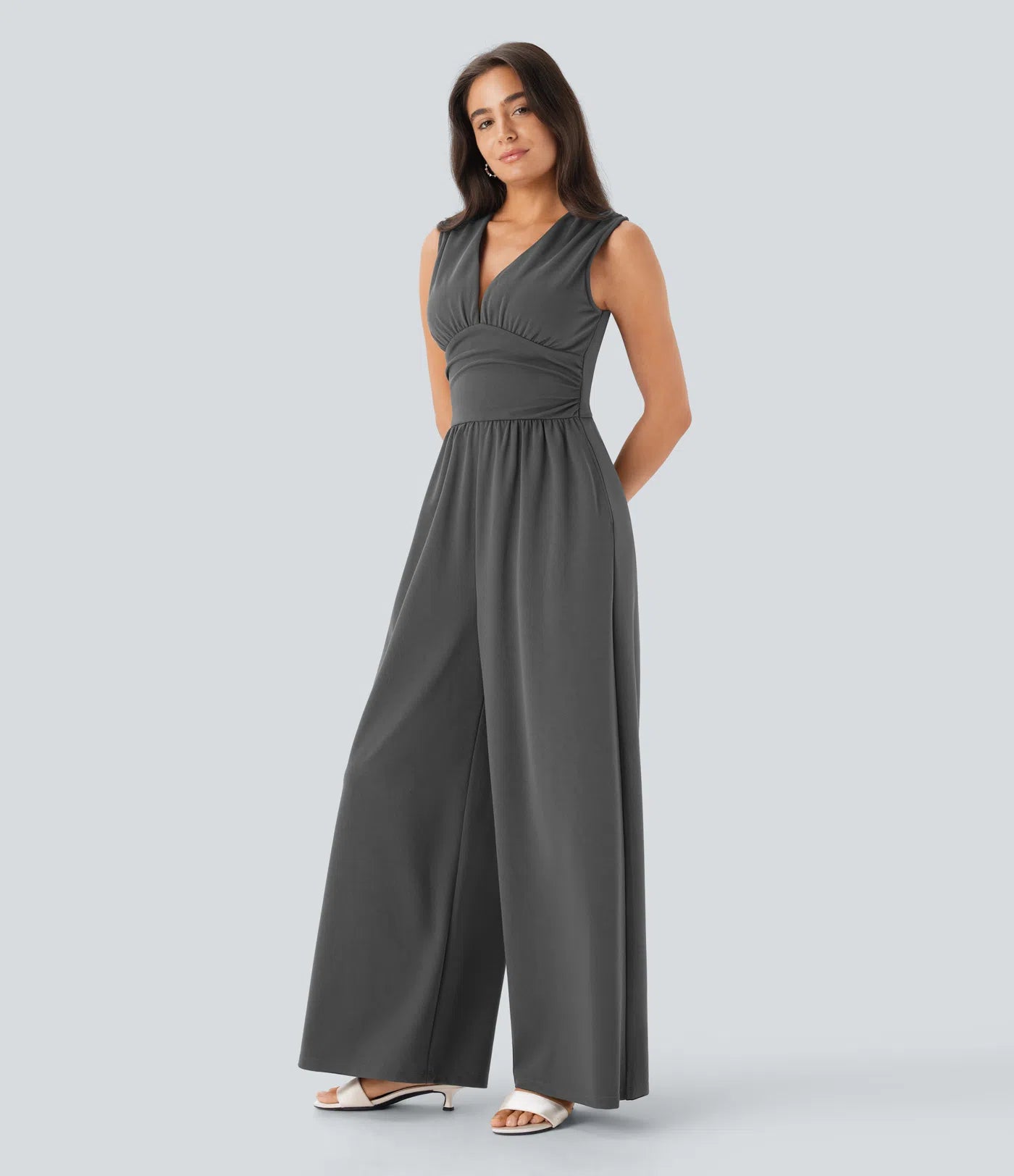 Sleeveless Ruched V-Neck Wide-Leg Jumpsuit