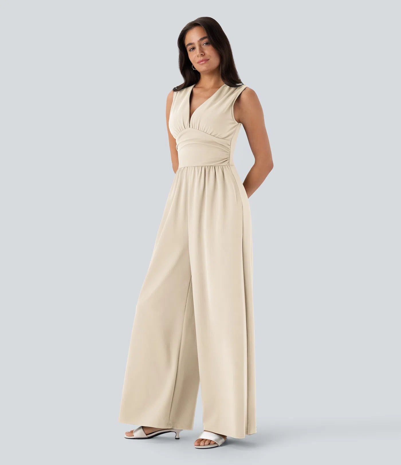 Sleeveless Ruched V-Neck Wide-Leg Jumpsuit