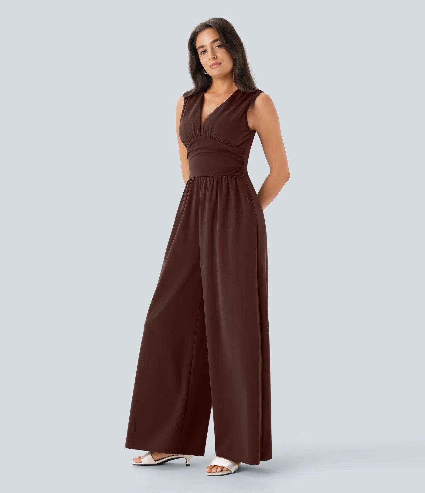 Sleeveless Ruched V-Neck Wide-Leg Jumpsuit