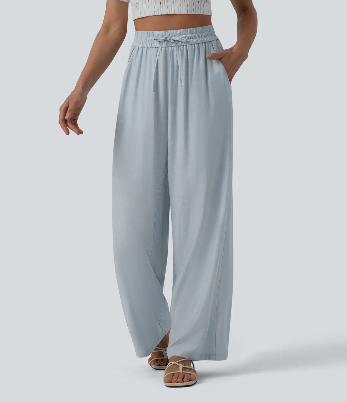 High-Waisted Linen Blend Wide-Leg Pants with Drawstring & Pockets