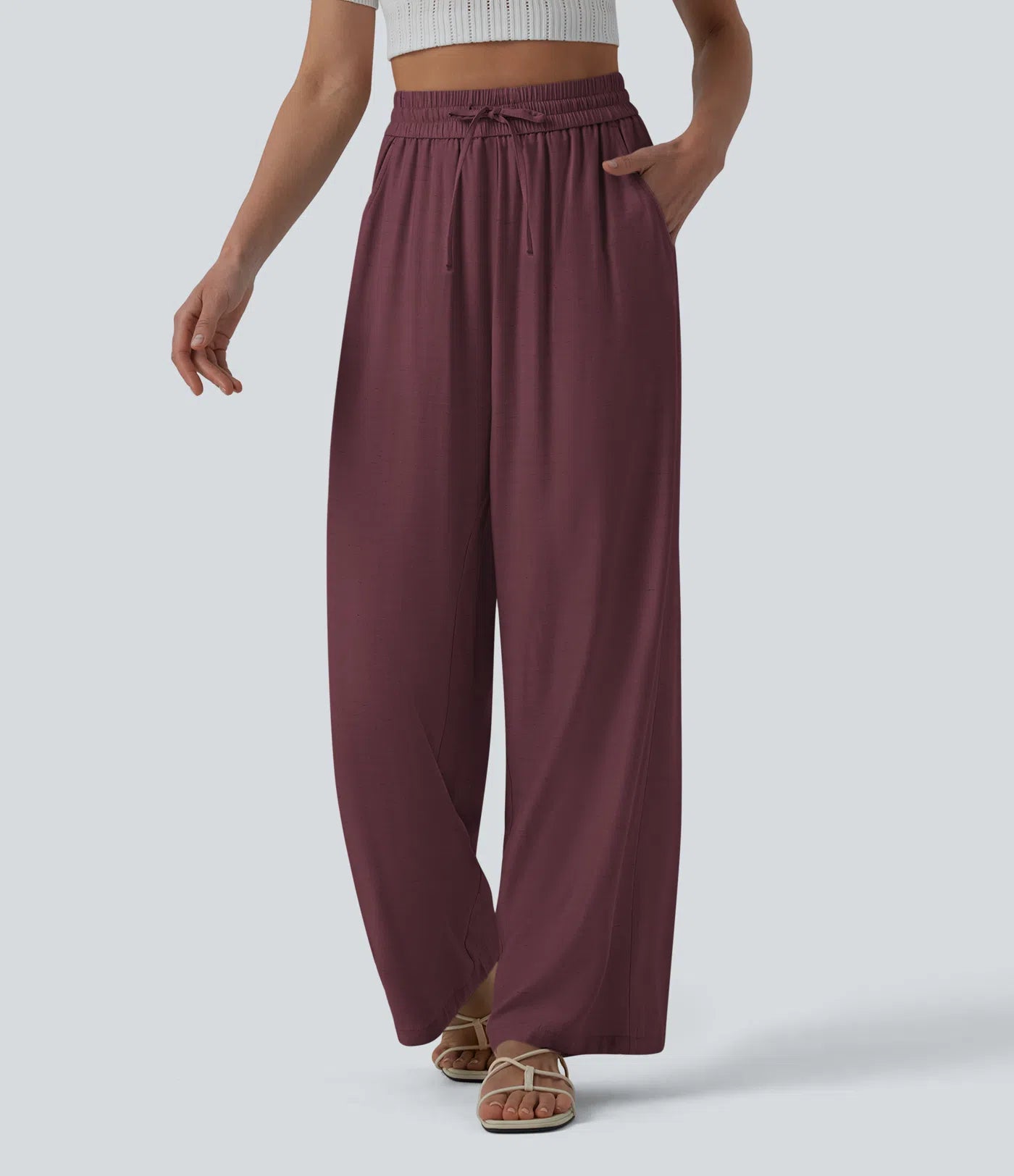 High-Waisted Linen Blend Wide-Leg Pants with Drawstring & Pockets