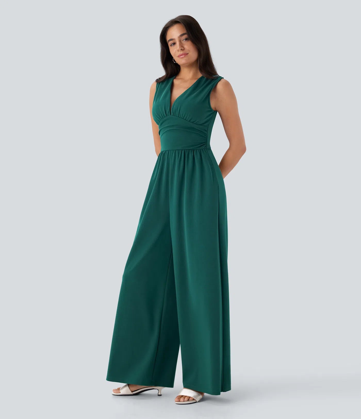 Sleeveless Ruched V-Neck Wide-Leg Jumpsuit
