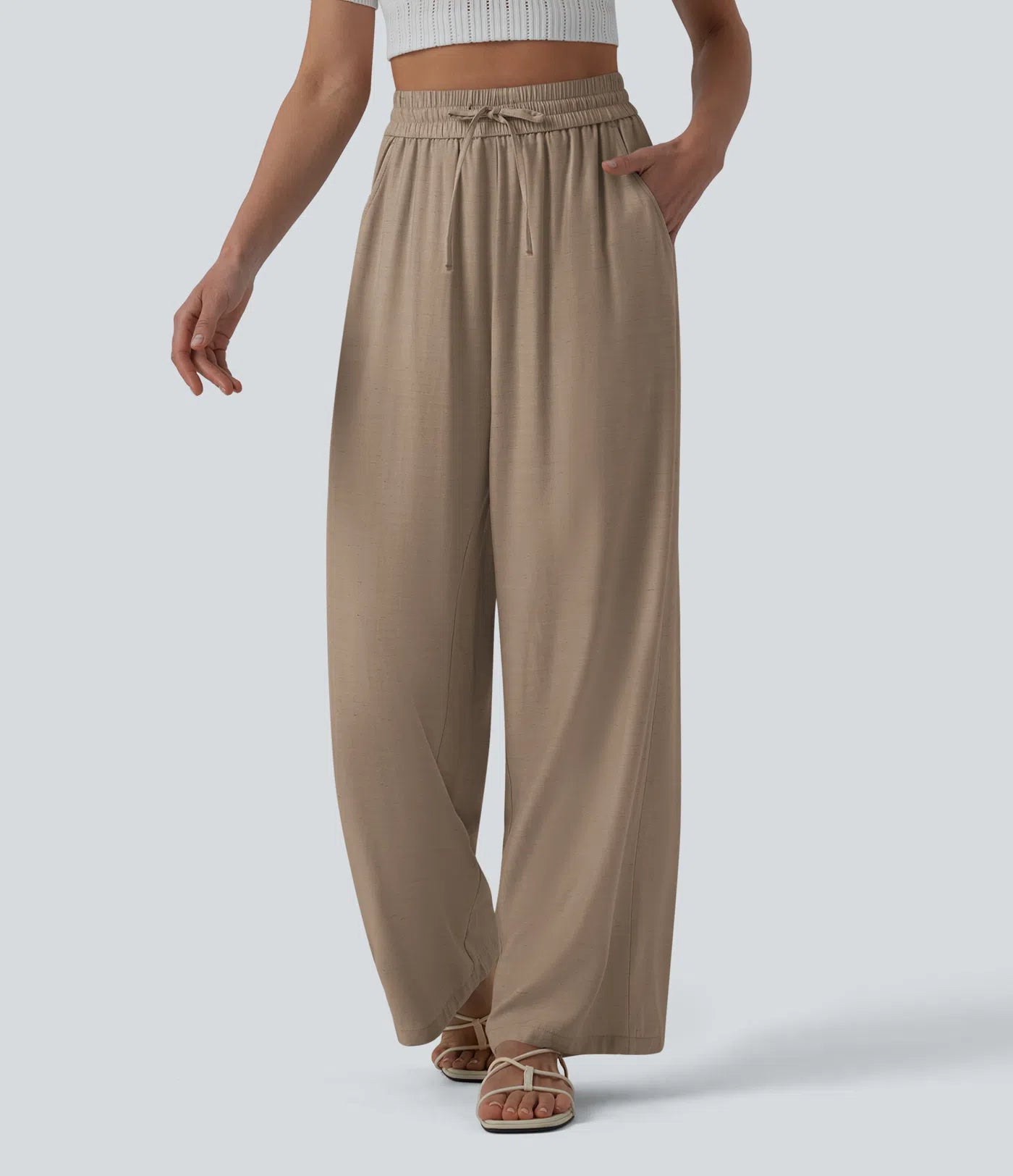 High-Waisted Linen Blend Wide-Leg Pants with Drawstring & Pockets