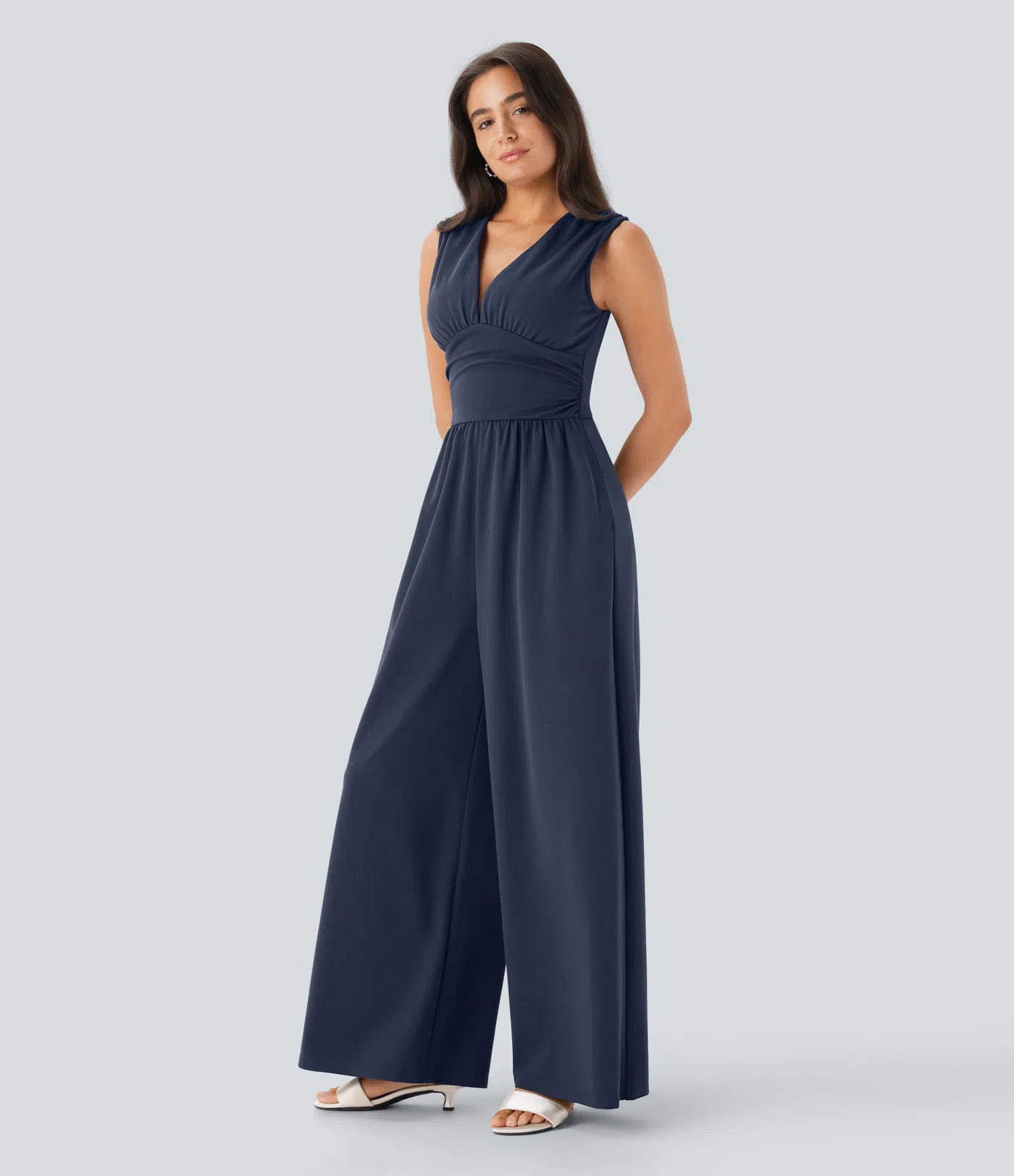 Sleeveless Ruched V-Neck Wide-Leg Jumpsuit