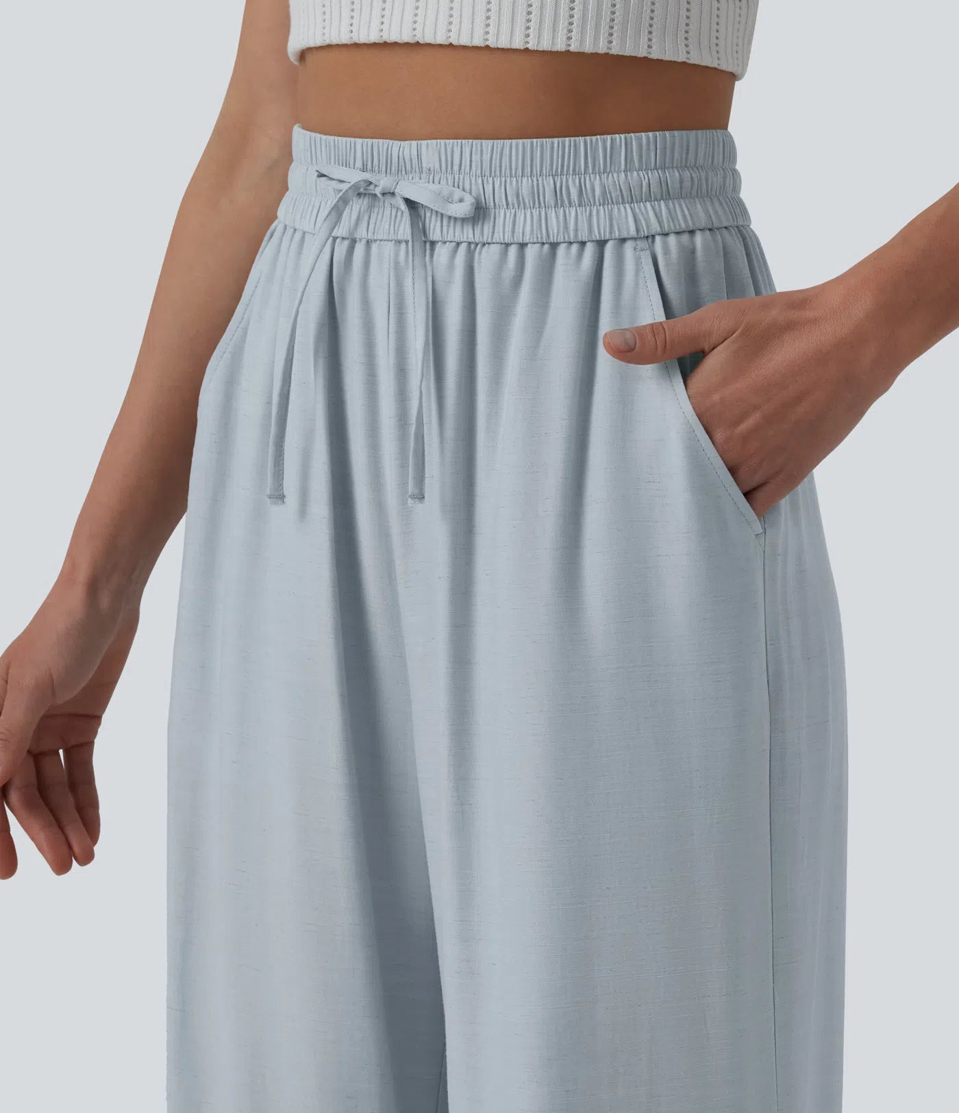 High-Waisted Linen Blend Wide-Leg Pants with Drawstring & Pockets