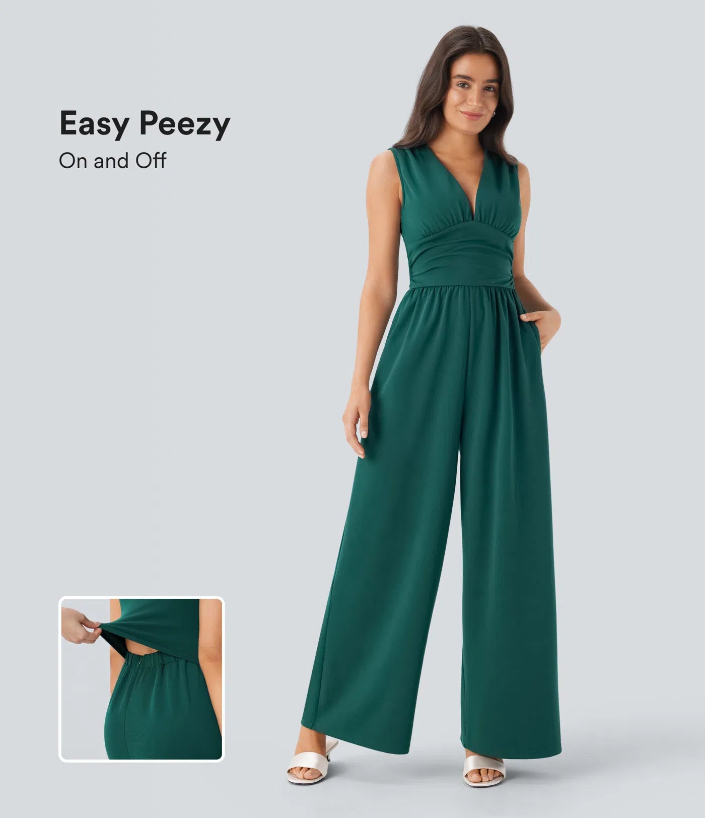 Sleeveless Ruched V-Neck Wide-Leg Jumpsuit
