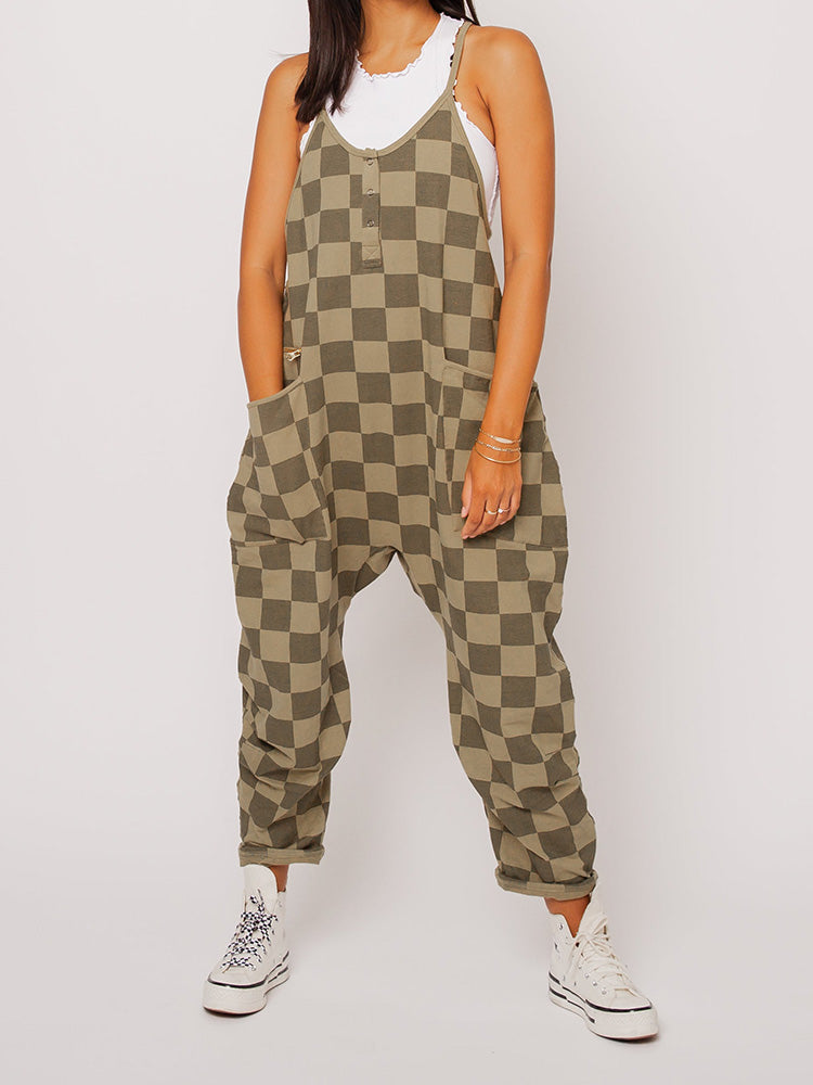 Women's Oversized Plaid Jumpsuit – Casual Relaxed Fit with Adjustable Straps