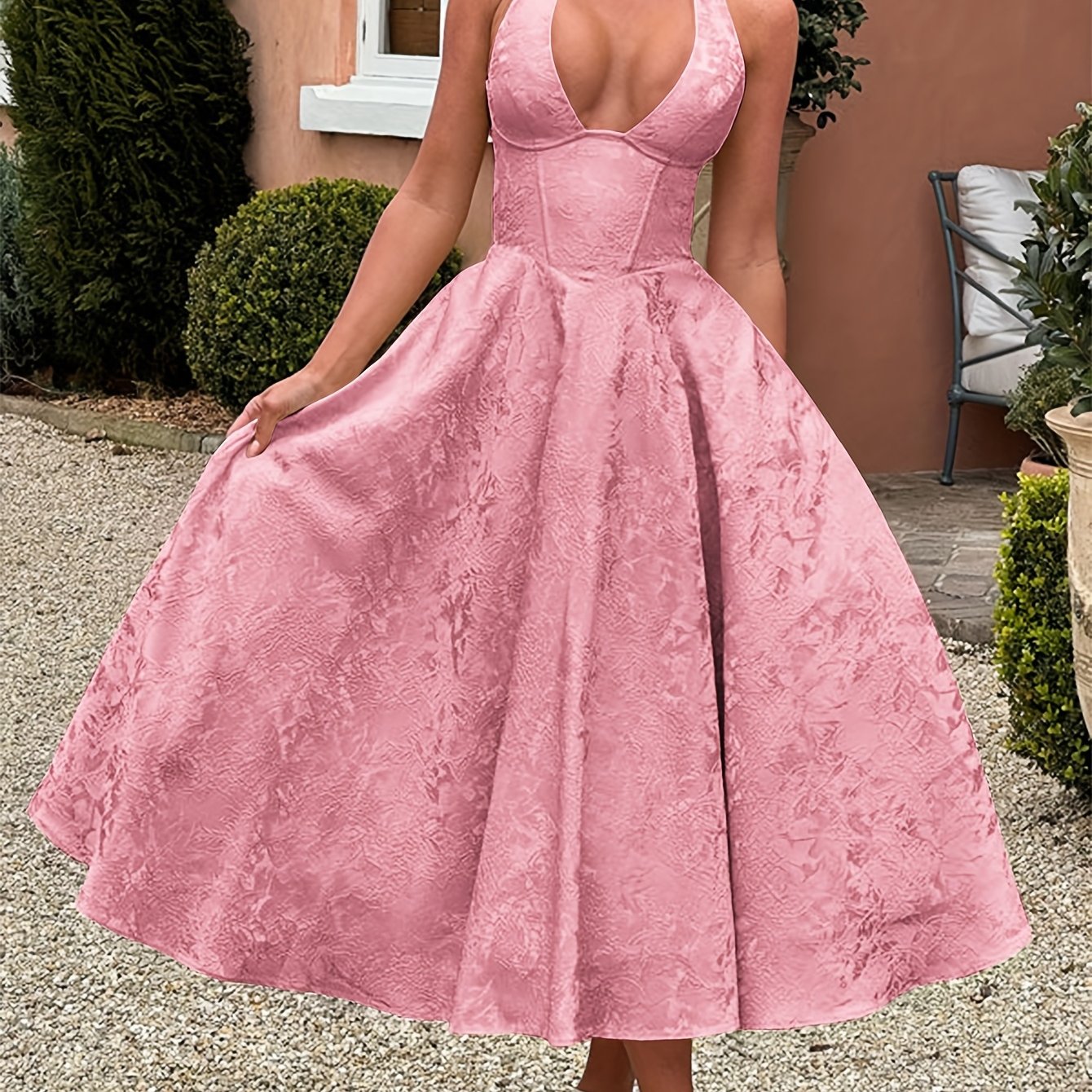Women's French-Style Elegant Deep V Lace-Up Halter Dress, Jacquard Fabric Dress, Suitable for Evening Parties, Weddings, and Other Occasions