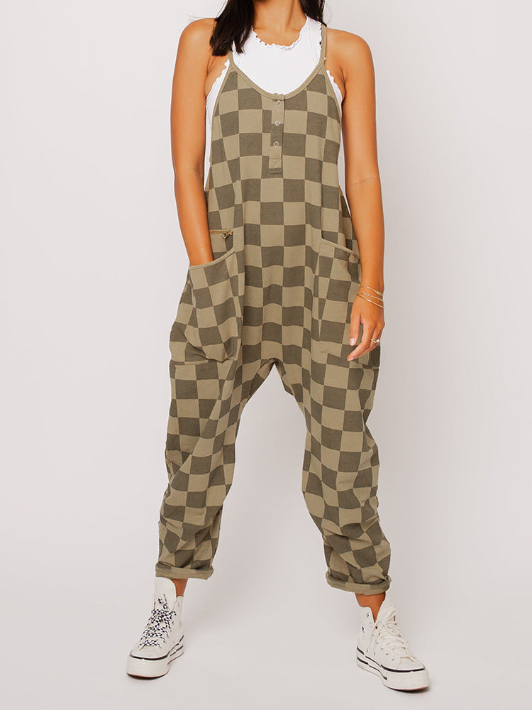Women's Oversized Plaid Jumpsuit – Casual Relaxed Fit with Adjustable Straps