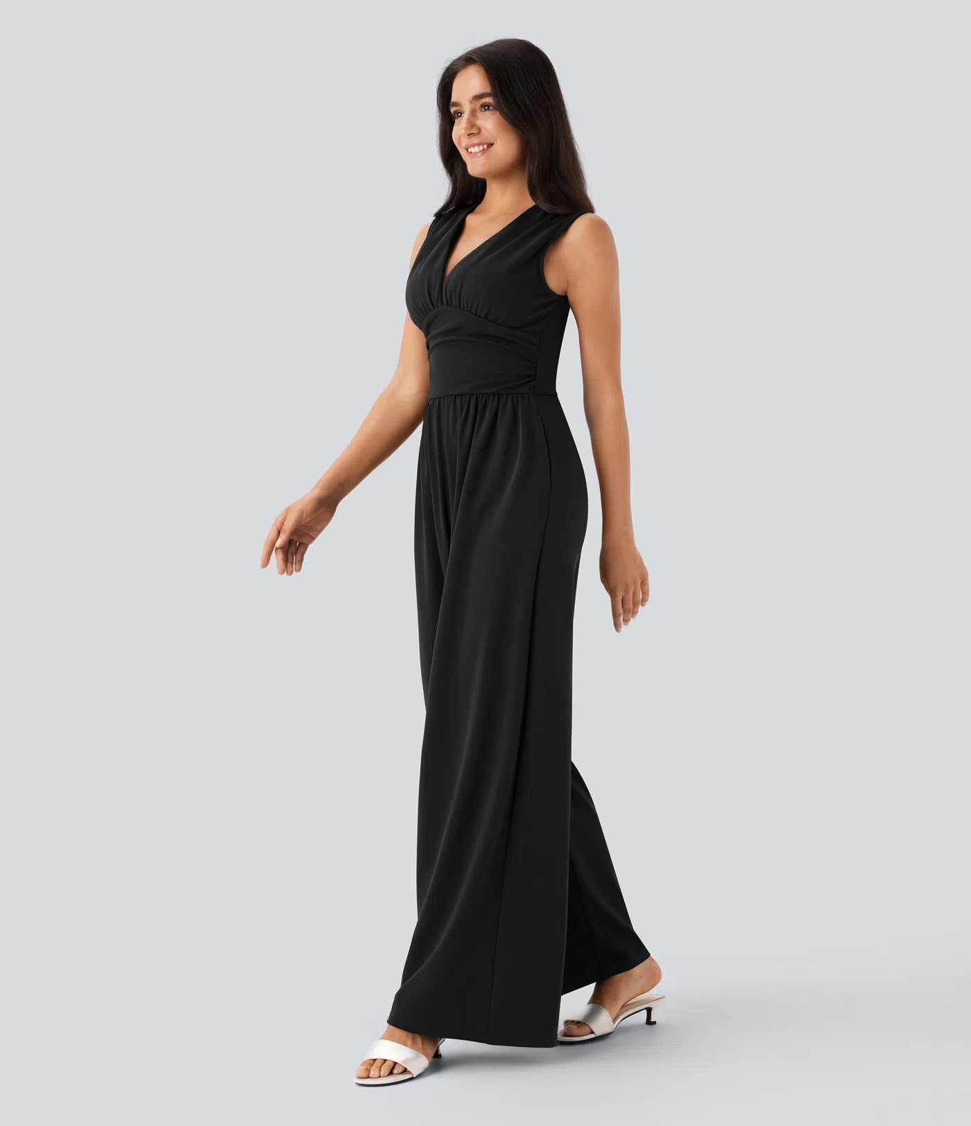 Sleeveless Ruched V-Neck Wide-Leg Jumpsuit