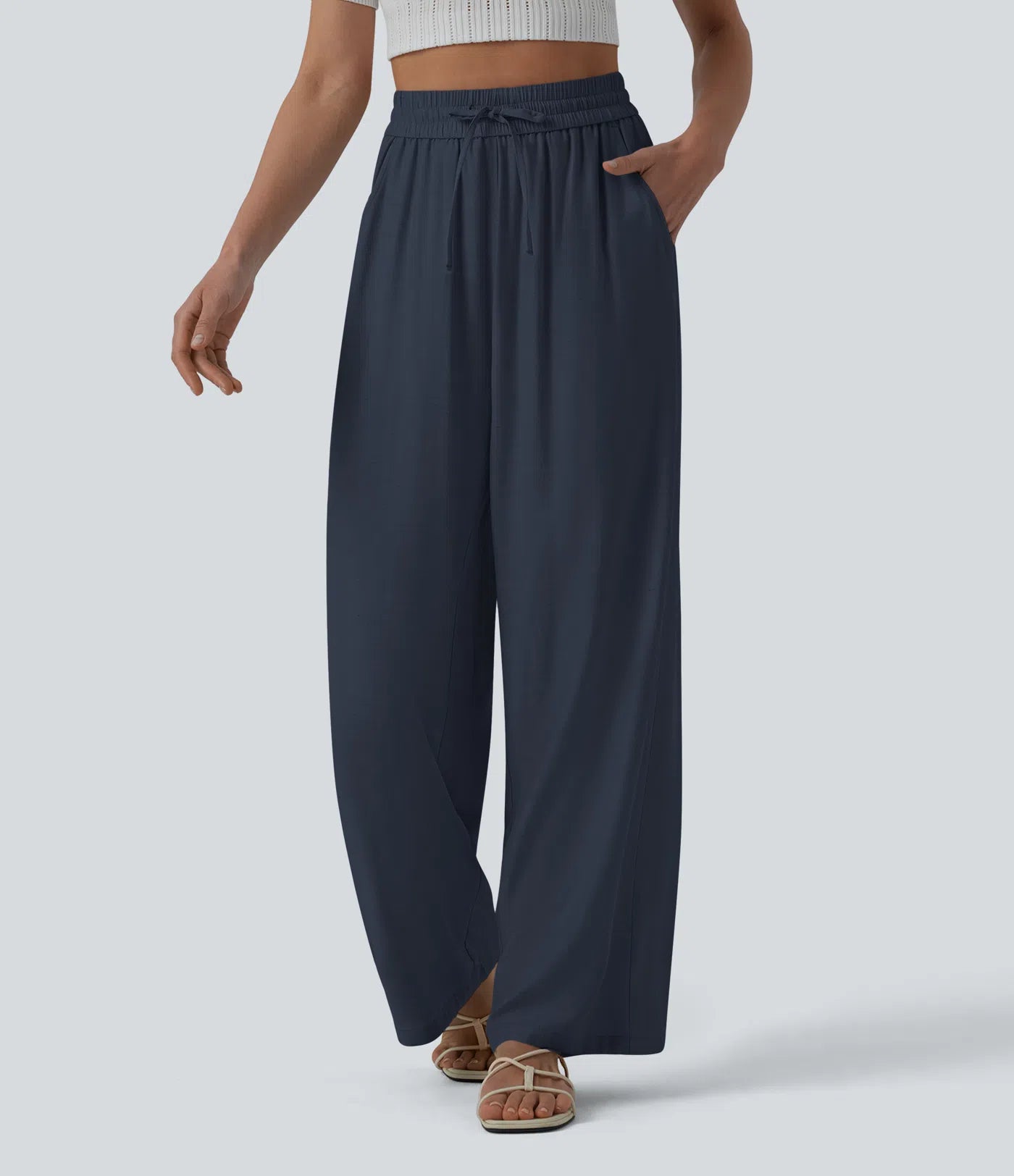High-Waisted Linen Blend Wide-Leg Pants with Drawstring & Pockets