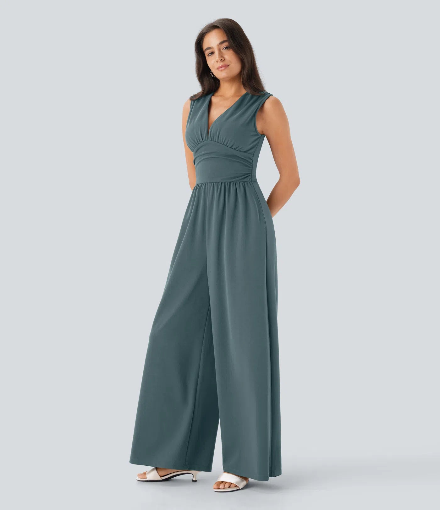 Sleeveless Ruched V-Neck Wide-Leg Jumpsuit