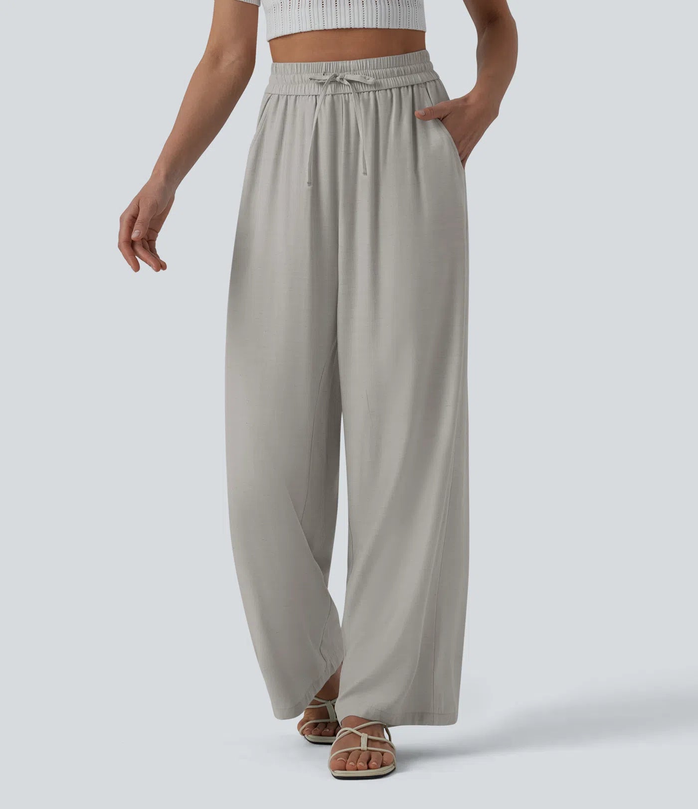 High-Waisted Linen Blend Wide-Leg Pants with Drawstring & Pockets