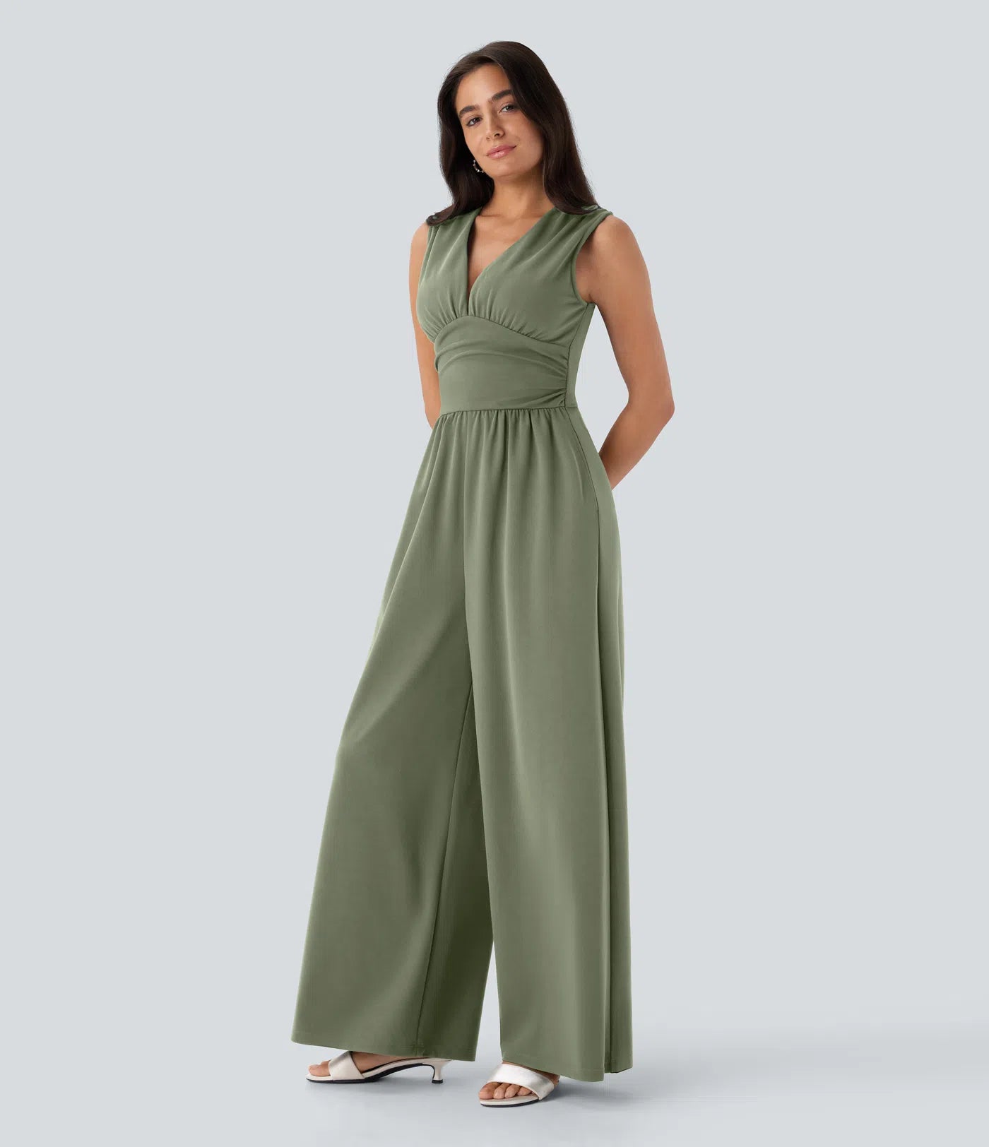 Sleeveless Ruched V-Neck Wide-Leg Jumpsuit