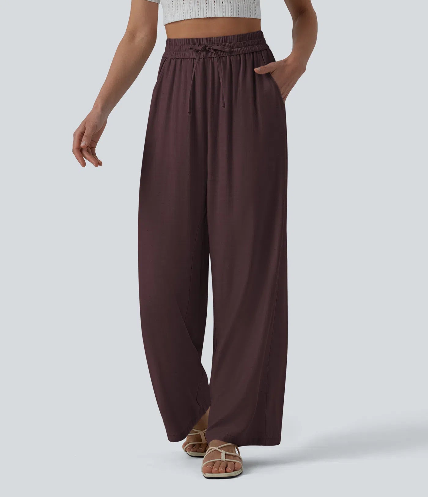 High-Waisted Linen Blend Wide-Leg Pants with Drawstring & Pockets