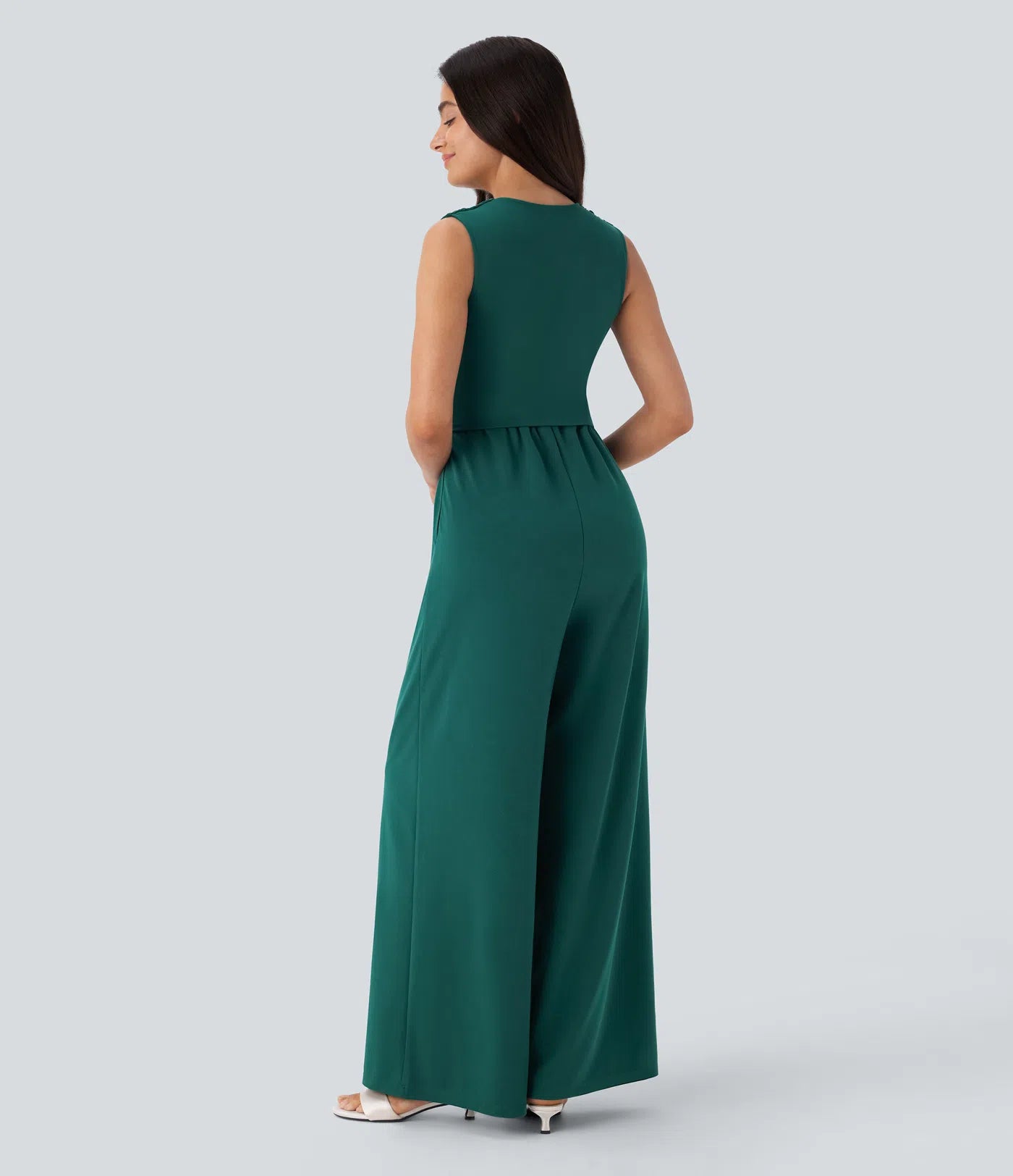 Sleeveless Ruched V-Neck Wide-Leg Jumpsuit