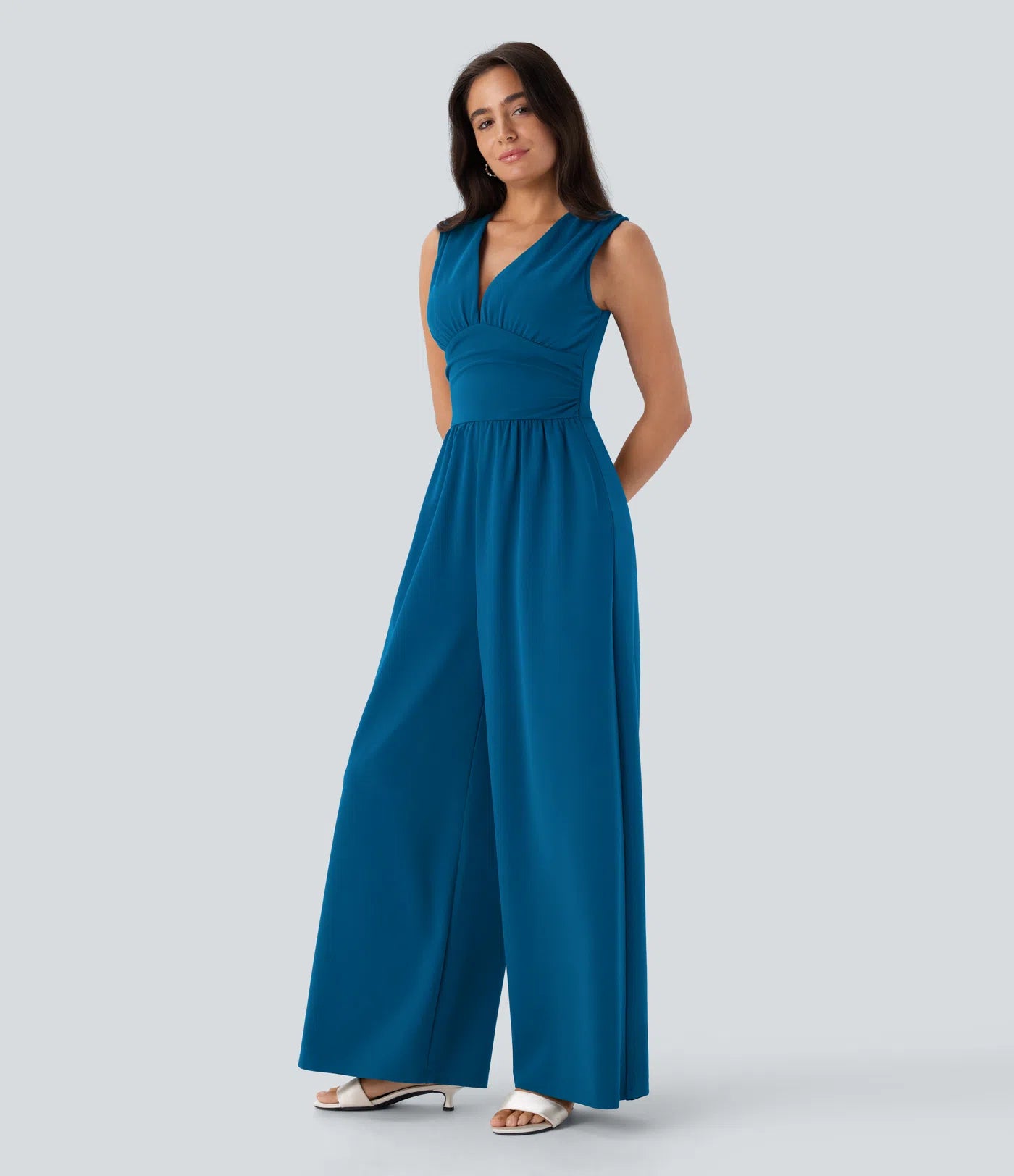 Sleeveless Ruched V-Neck Wide-Leg Jumpsuit