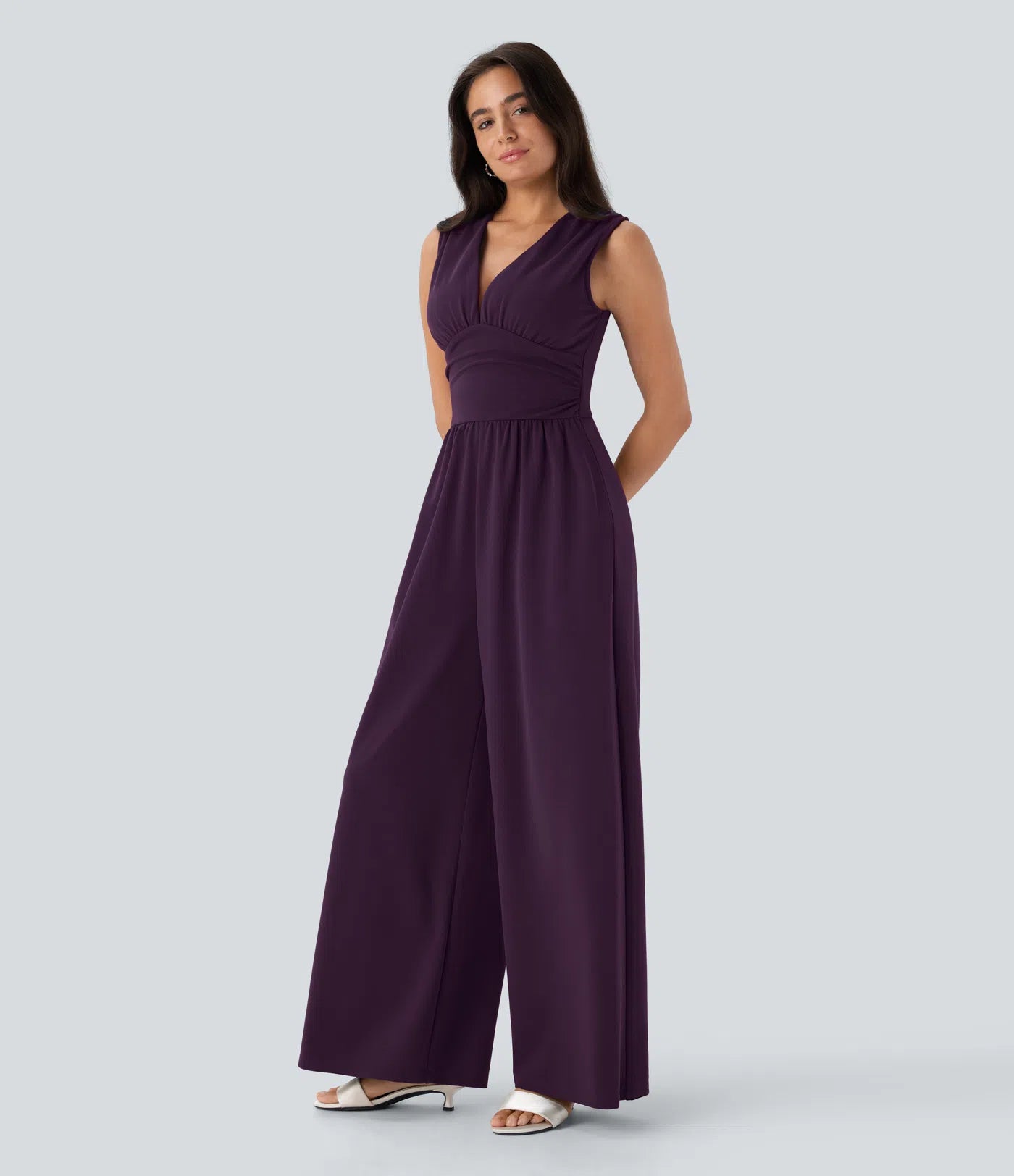 Sleeveless Ruched V-Neck Wide-Leg Jumpsuit