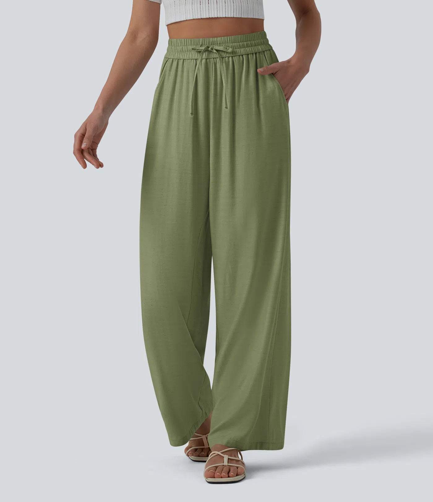 High-Waisted Linen Blend Wide-Leg Pants with Drawstring & Pockets