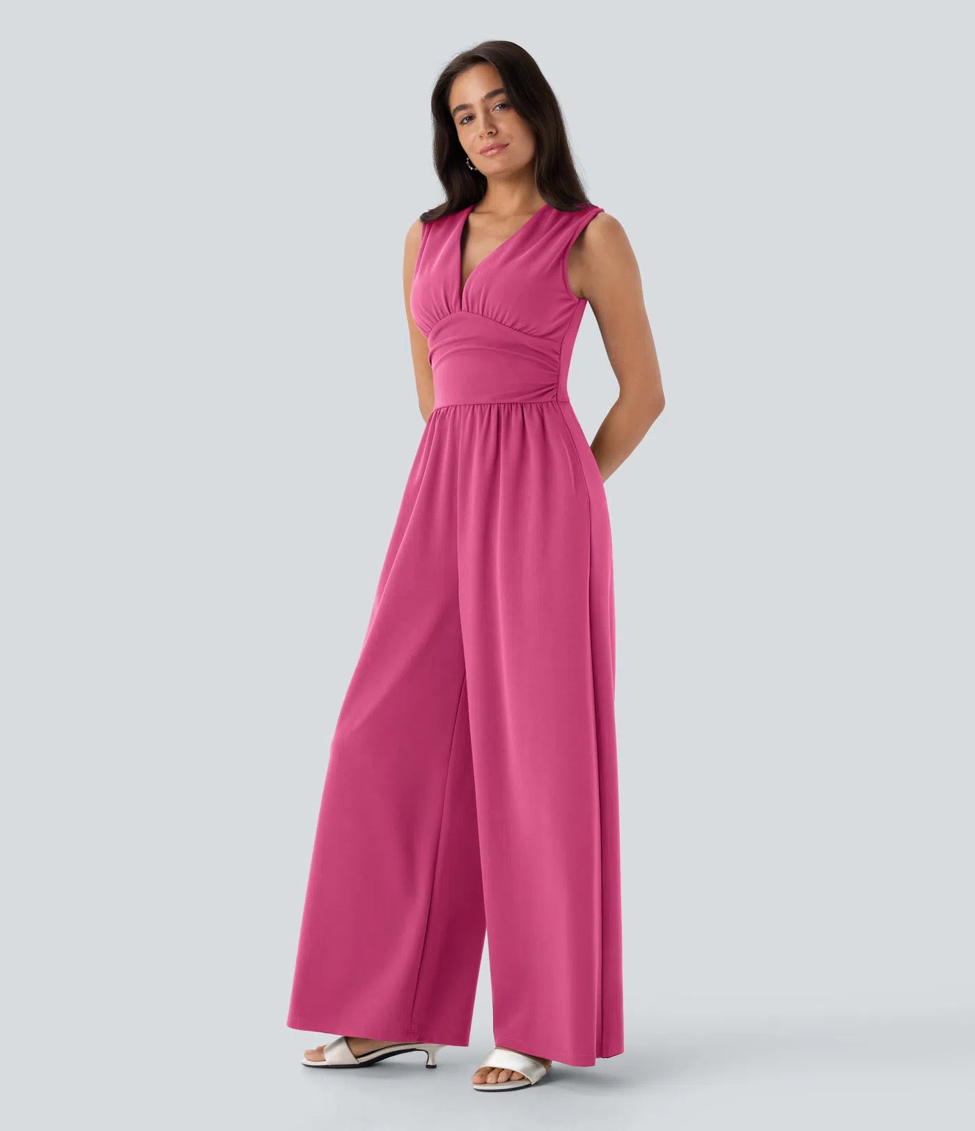 Sleeveless Ruched V-Neck Wide-Leg Jumpsuit