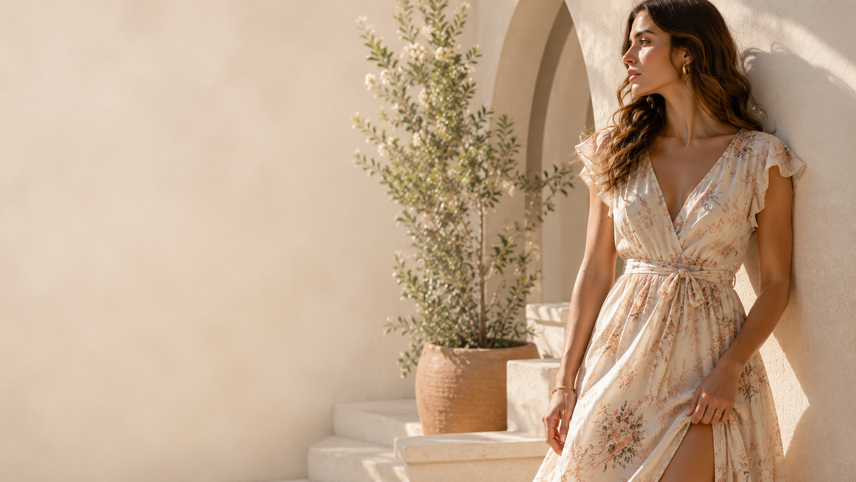 Woman in a floral dress standing in a sunlit outdoor setting with arches and plants.