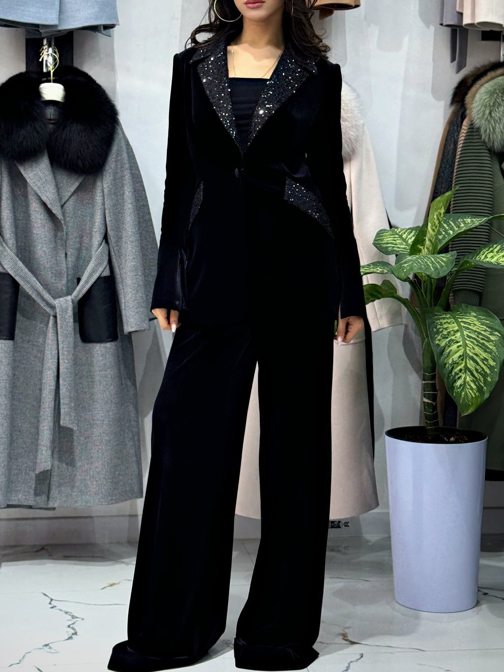 Velvet Sequin Blazer & High-Waist Pants Set