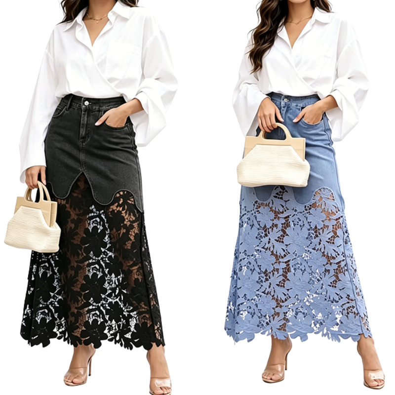 Women's Floral Lace Denim Maxi Skirt with Pockets