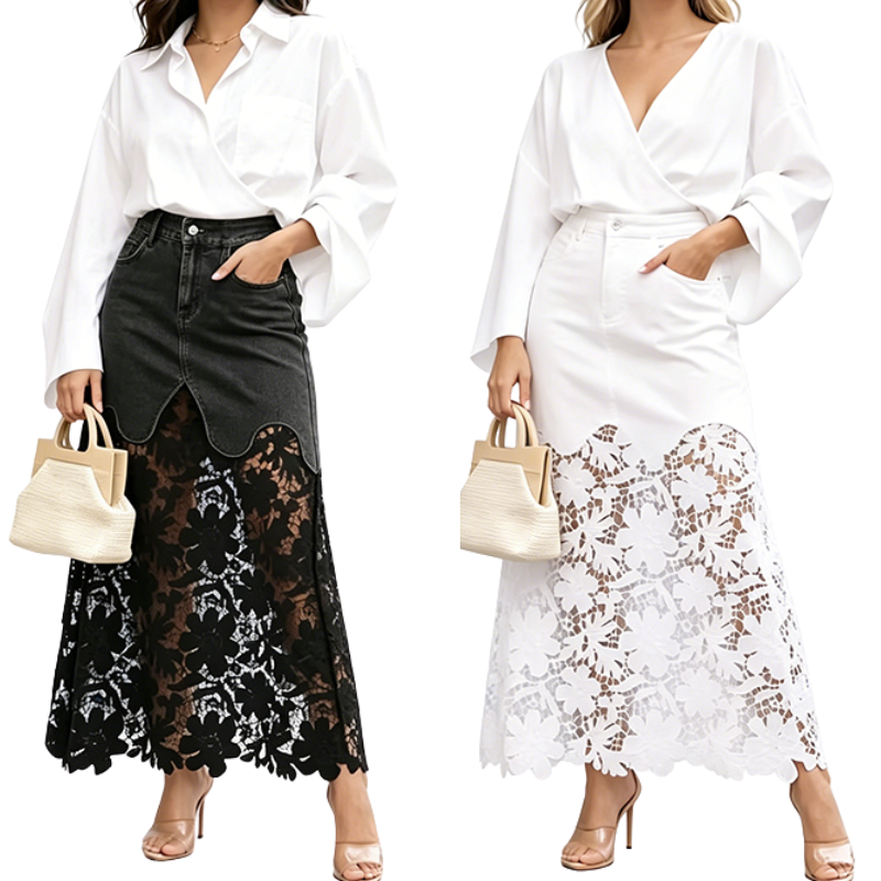 Women's Floral Lace Denim Maxi Skirt with Pockets