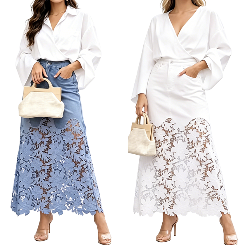 Women's Floral Lace Denim Maxi Skirt with Pockets