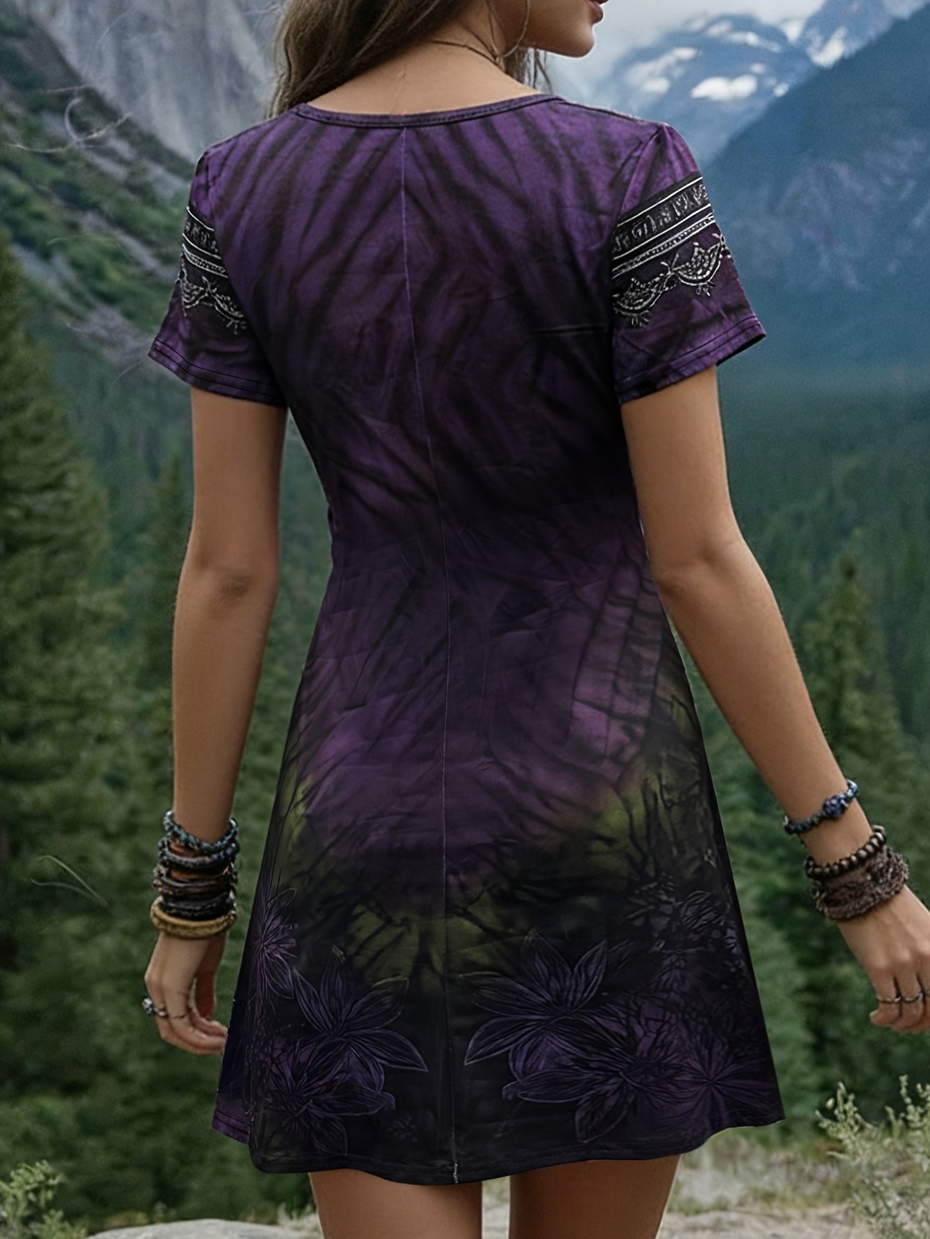 Boho Tie-Dye V-Neck Dress – Retro Casual A-Line Mini Dress
